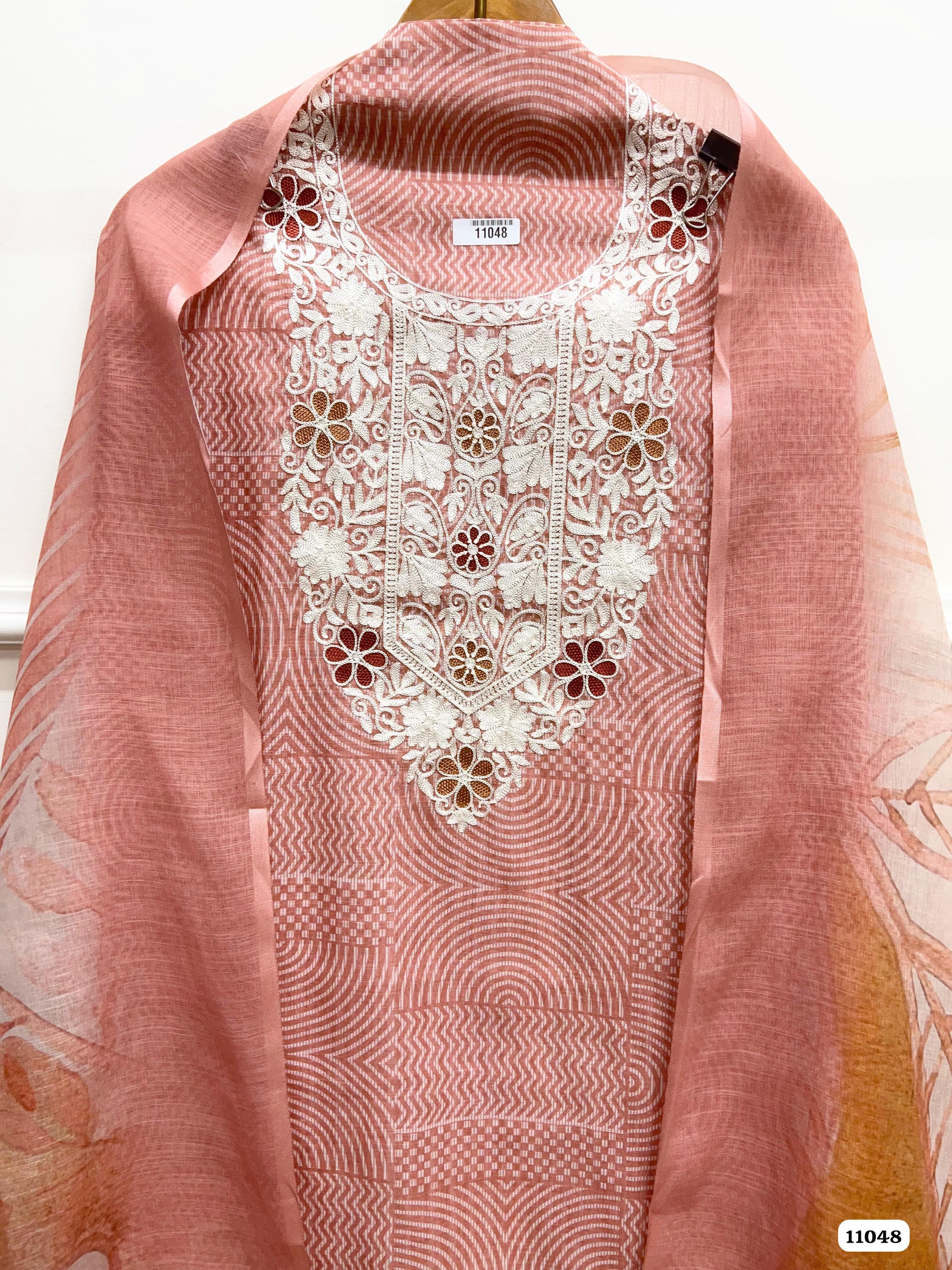 Red Linen printed Unstitched Embroidered-Set Of 3 {11048}