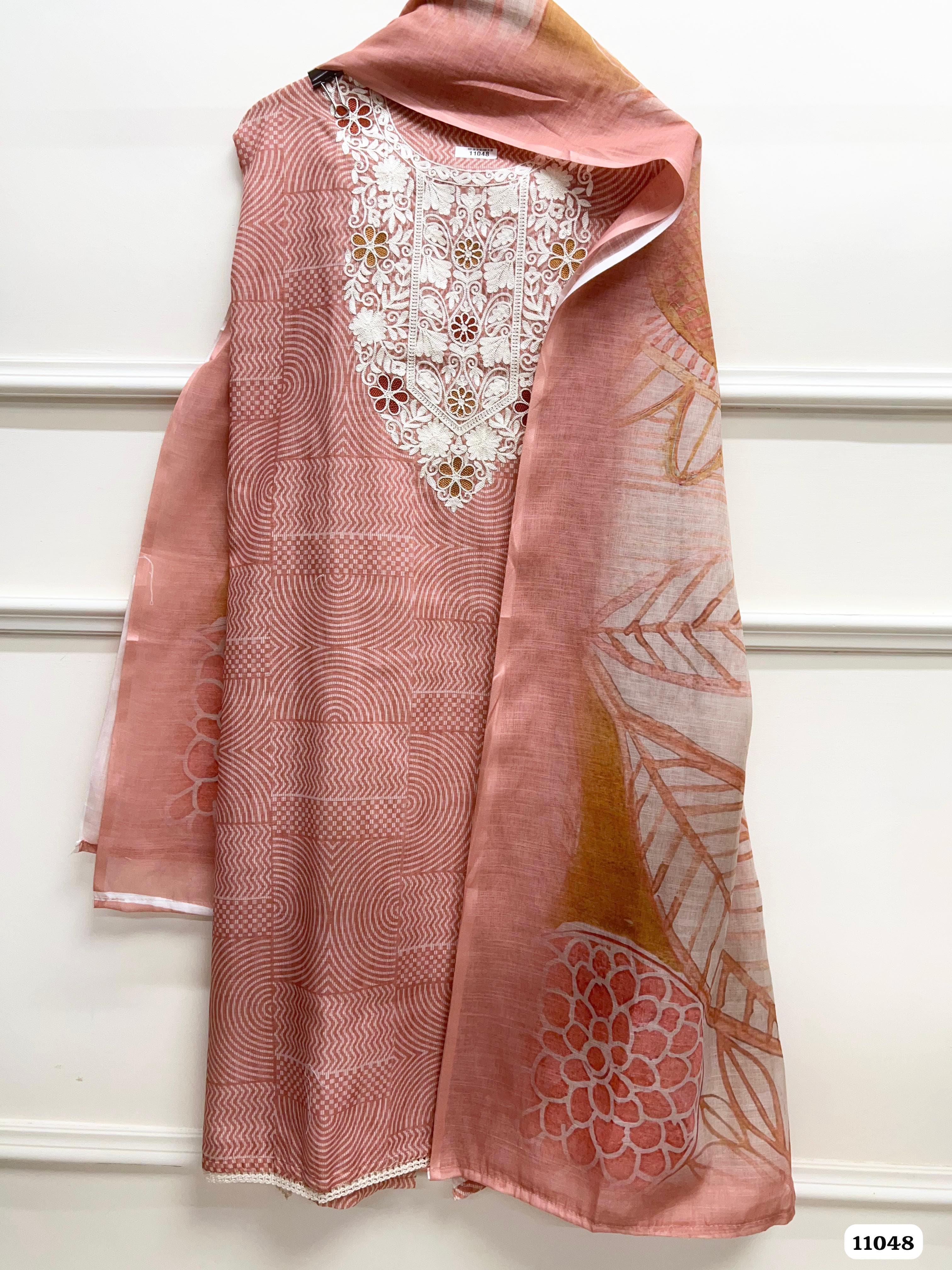Red Linen printed Unstitched Embroidered-Set Of 3 {11048}