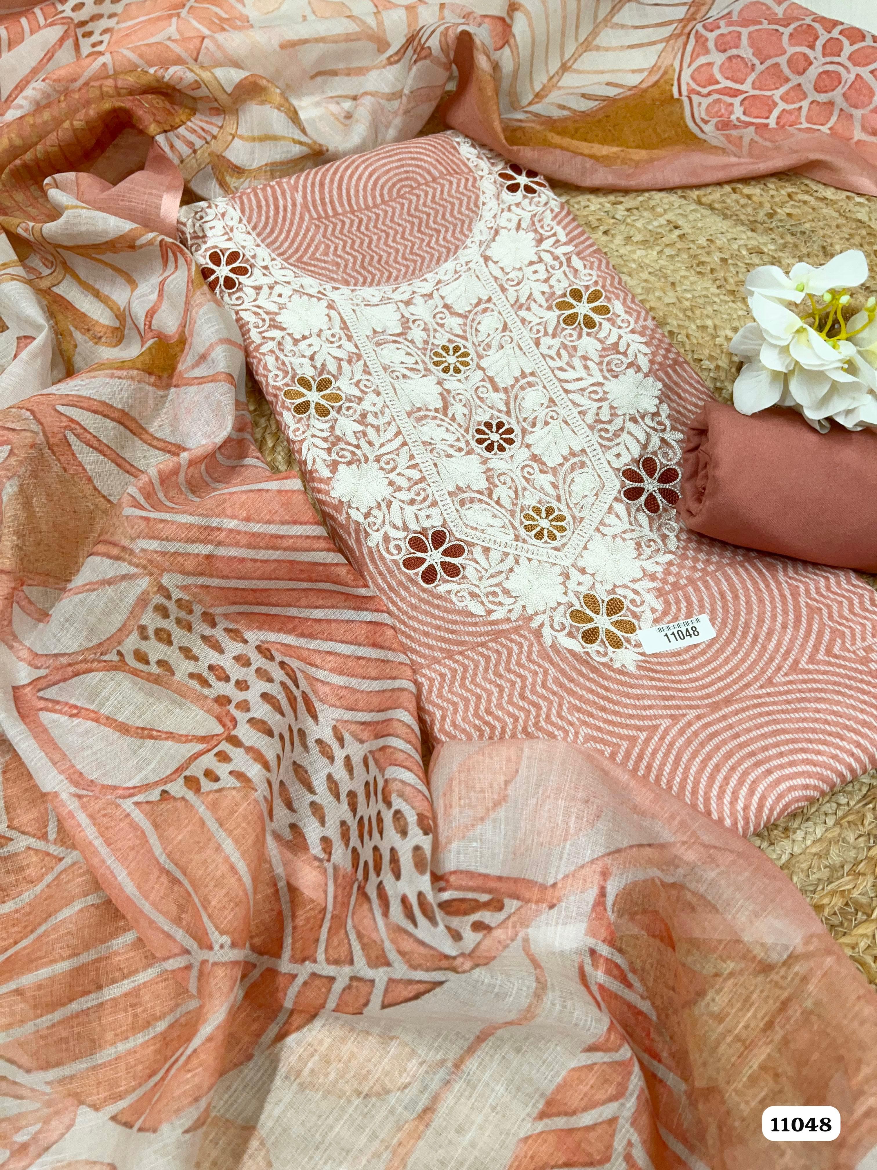 Red Linen printed Unstitched Embroidered-Set Of 3 {11048}