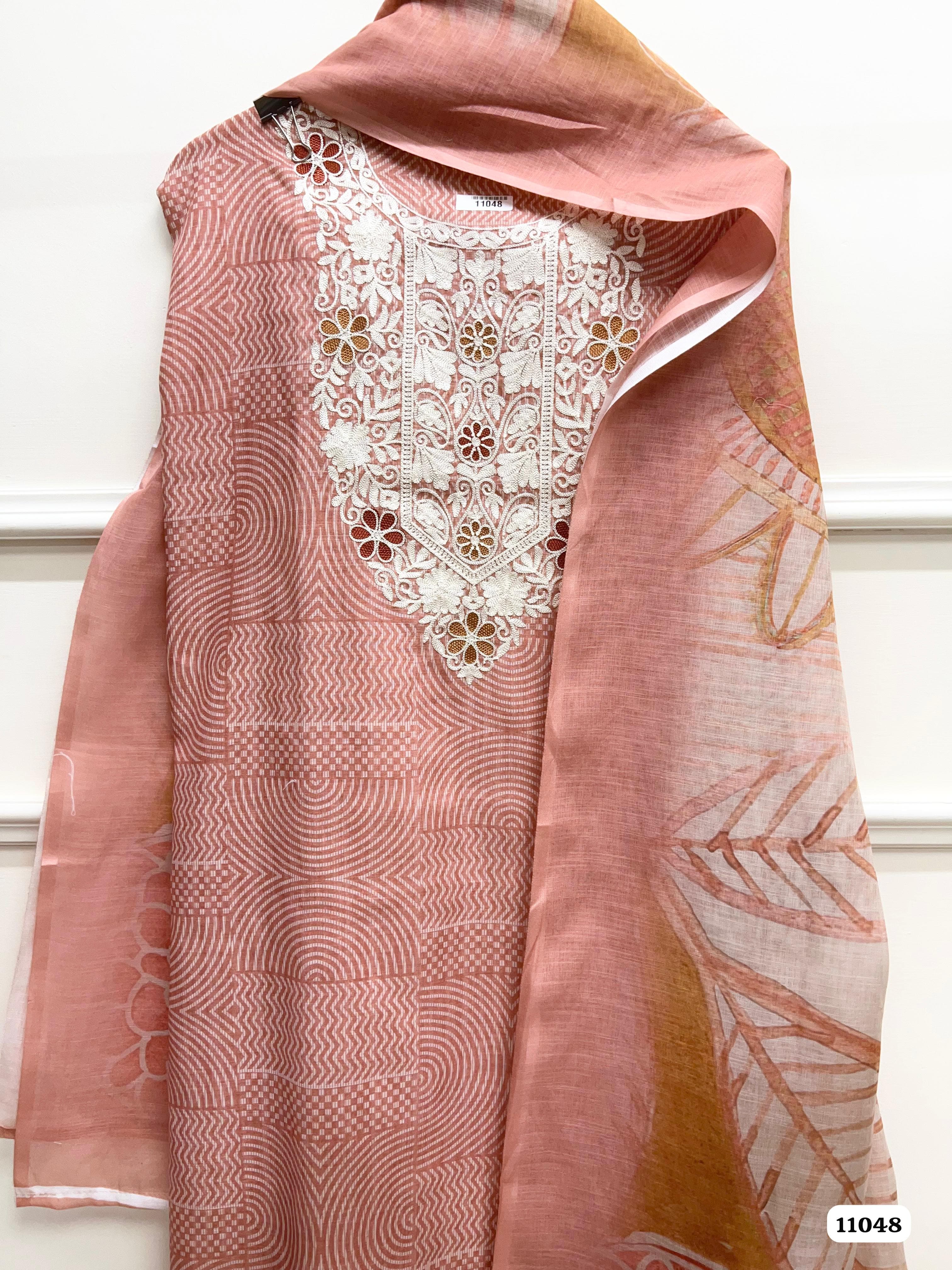 Red Linen printed Unstitched Embroidered-Set Of 3 {11048}