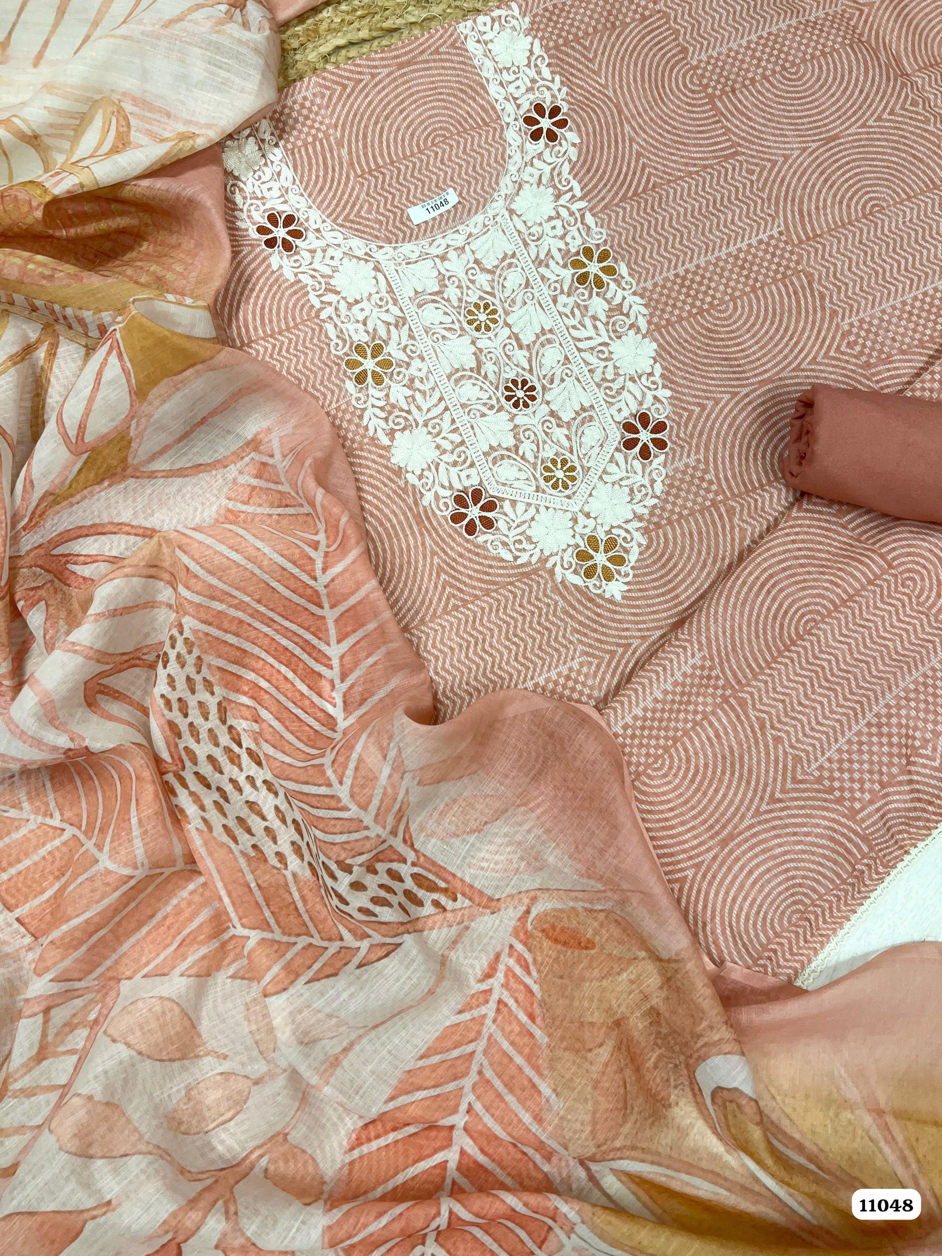 Red Linen printed Unstitched Embroidered-Set Of 3 {11048}