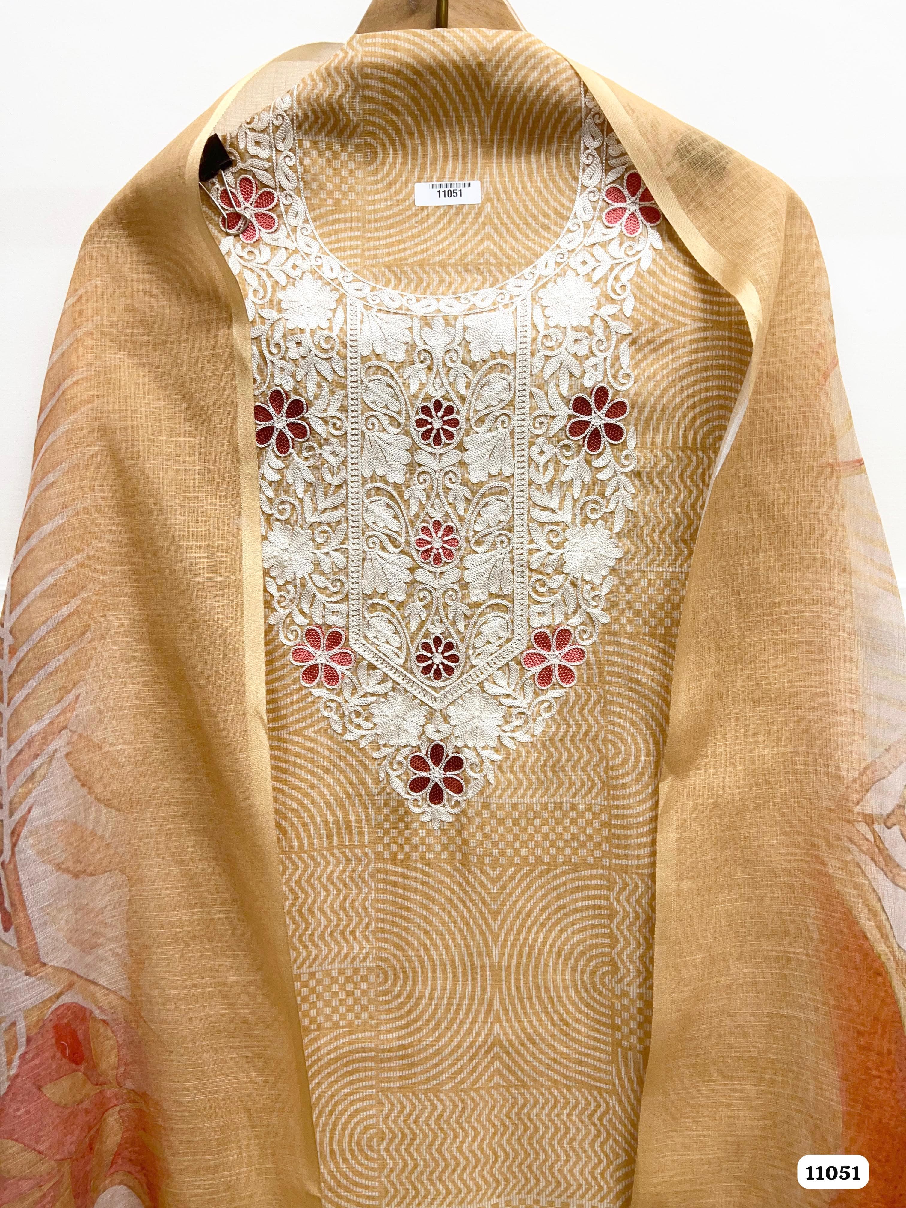 Orange Linen printed Unstitched Embroidered-Set Of 3