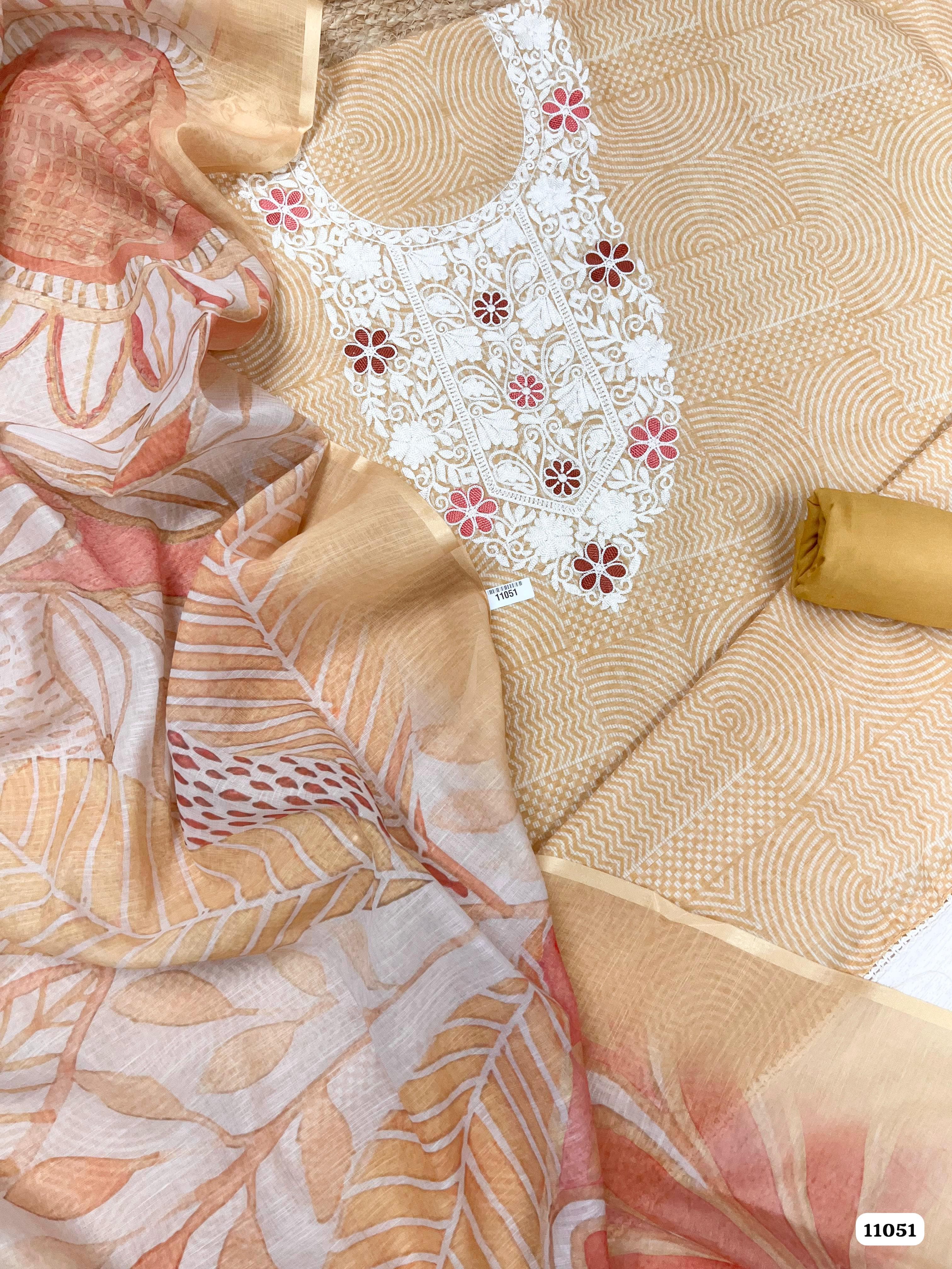 Orange Linen printed Unstitched Embroidered-Set Of 3 {11051}