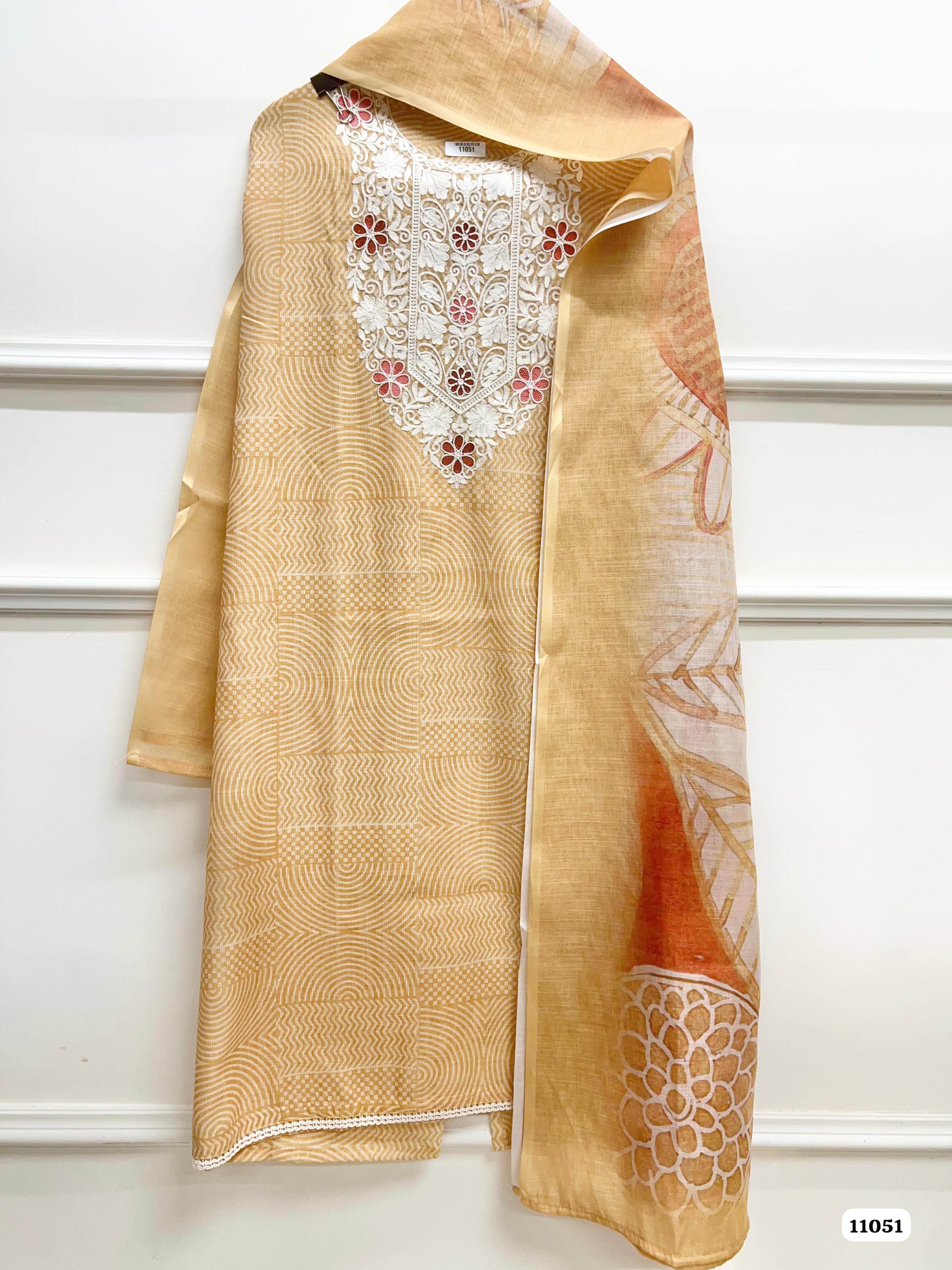 Orange Linen printed Unstitched Embroidered-Set Of 3 {11051}