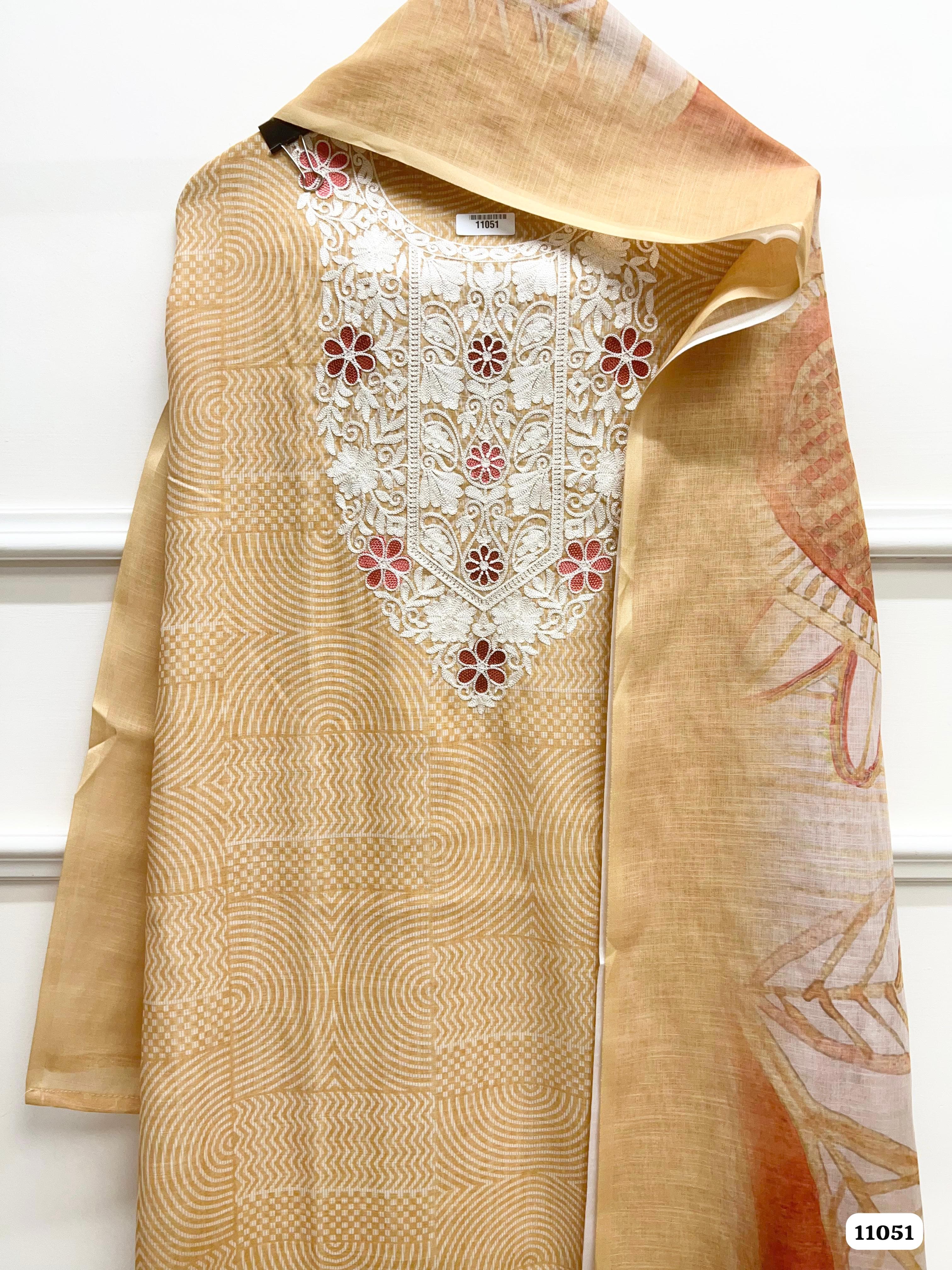 Orange Linen printed Unstitched Embroidered-Set Of 3 {11051}