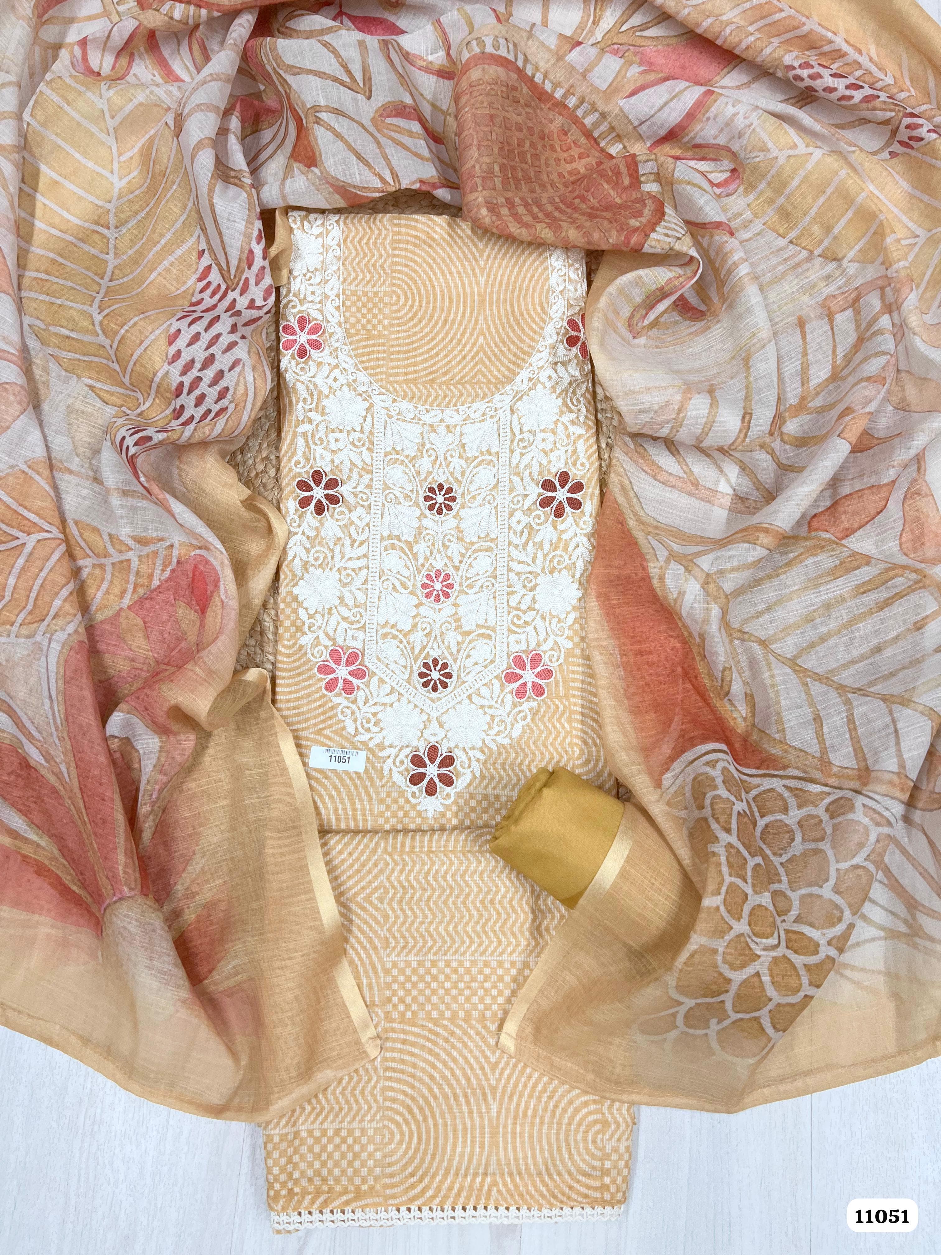 Orange Linen printed Unstitched Embroidered-Set Of 3 {11051}