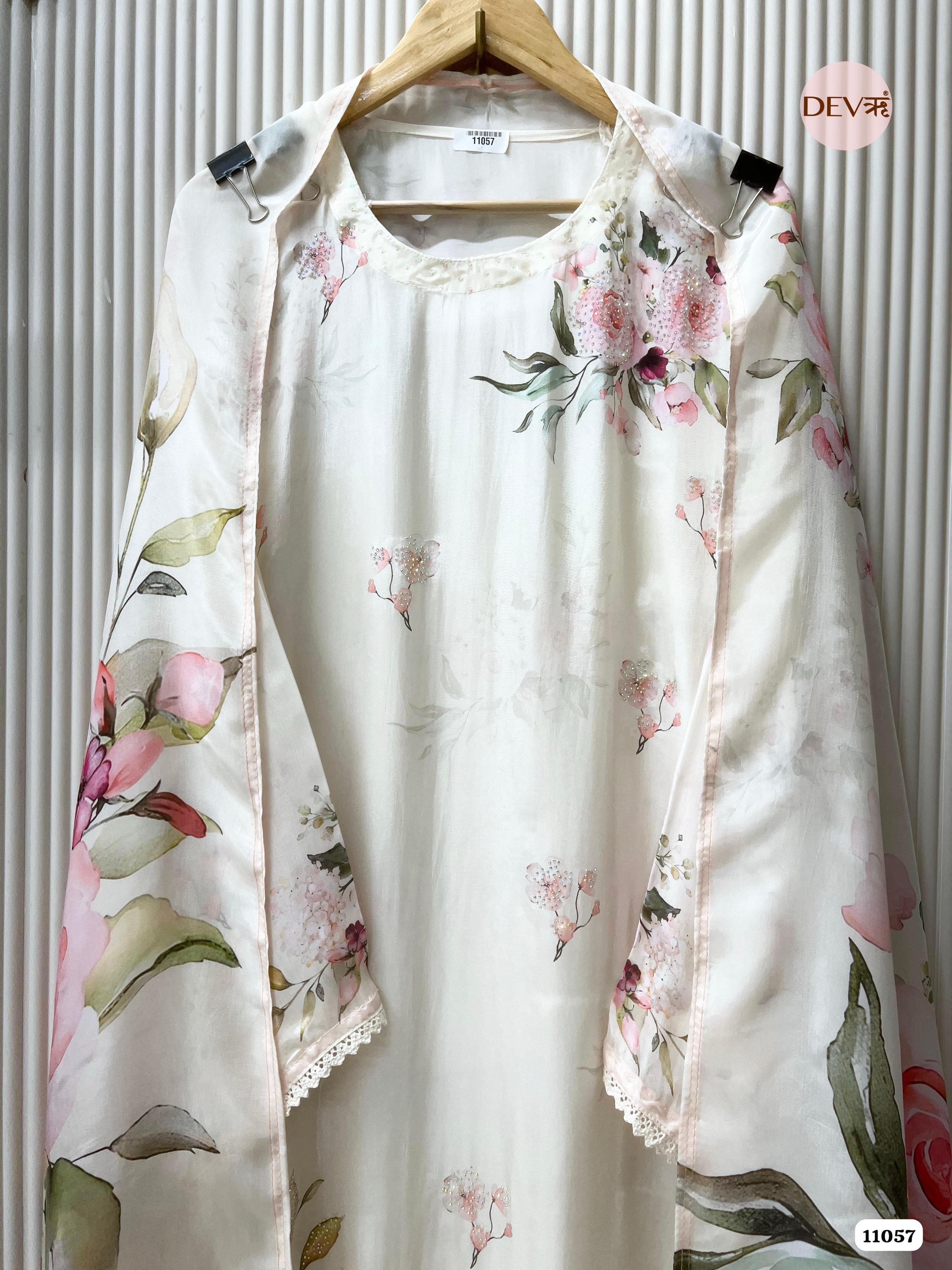 Glass silk Printed Semi Stitched Hand Embroidered -Set Of 3 {11057}