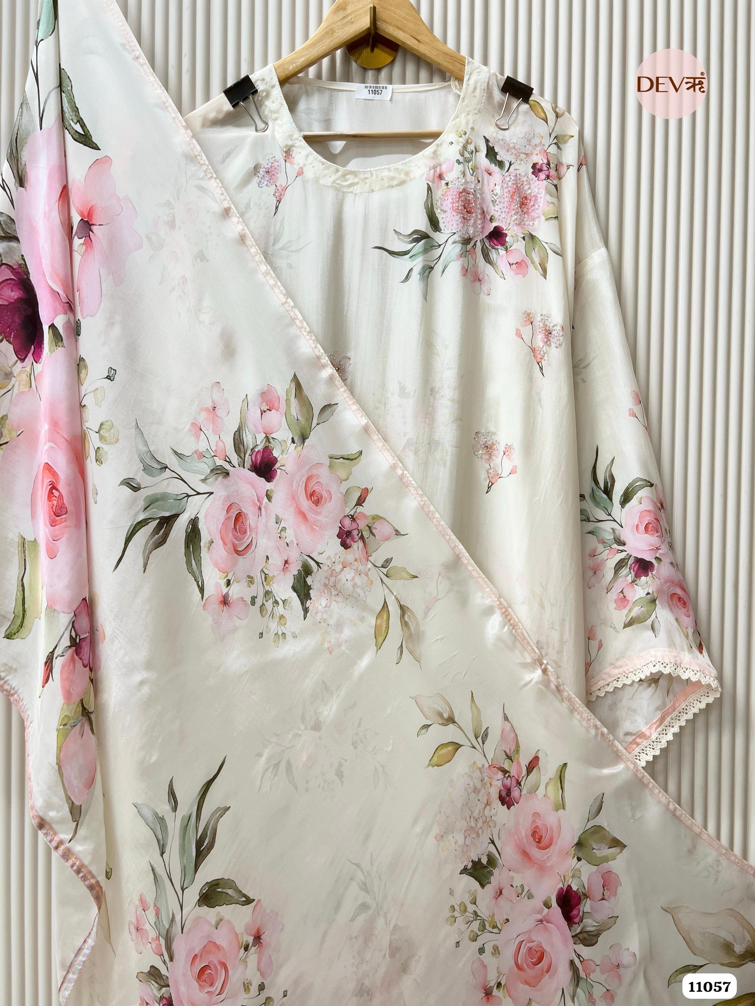 Glass silk Printed Semi Stitched Hand Embroidered -Set Of 3 {11057}