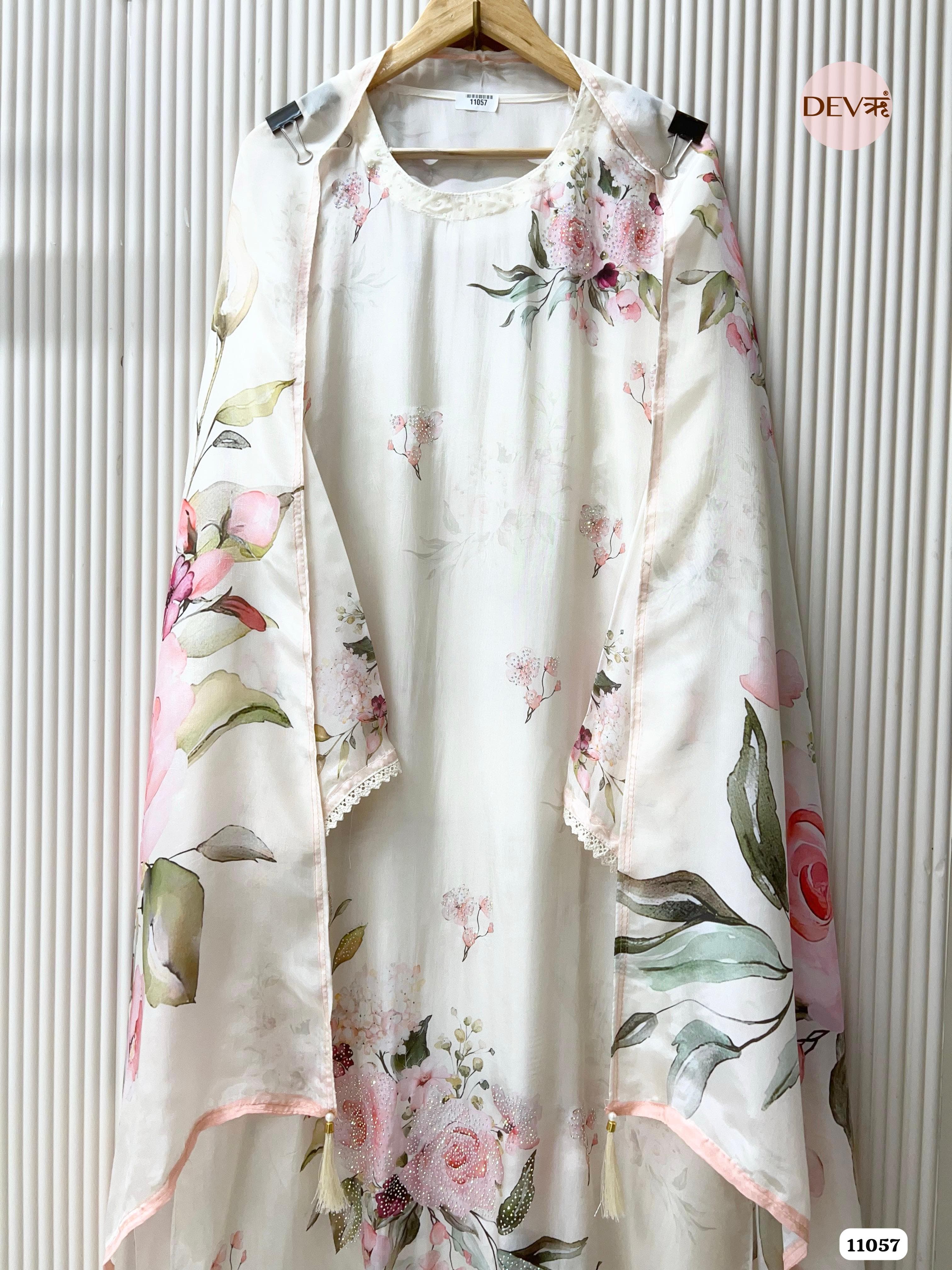 Glass silk Printed Semi Stitched Hand Embroidered -Set Of 3 {11057}