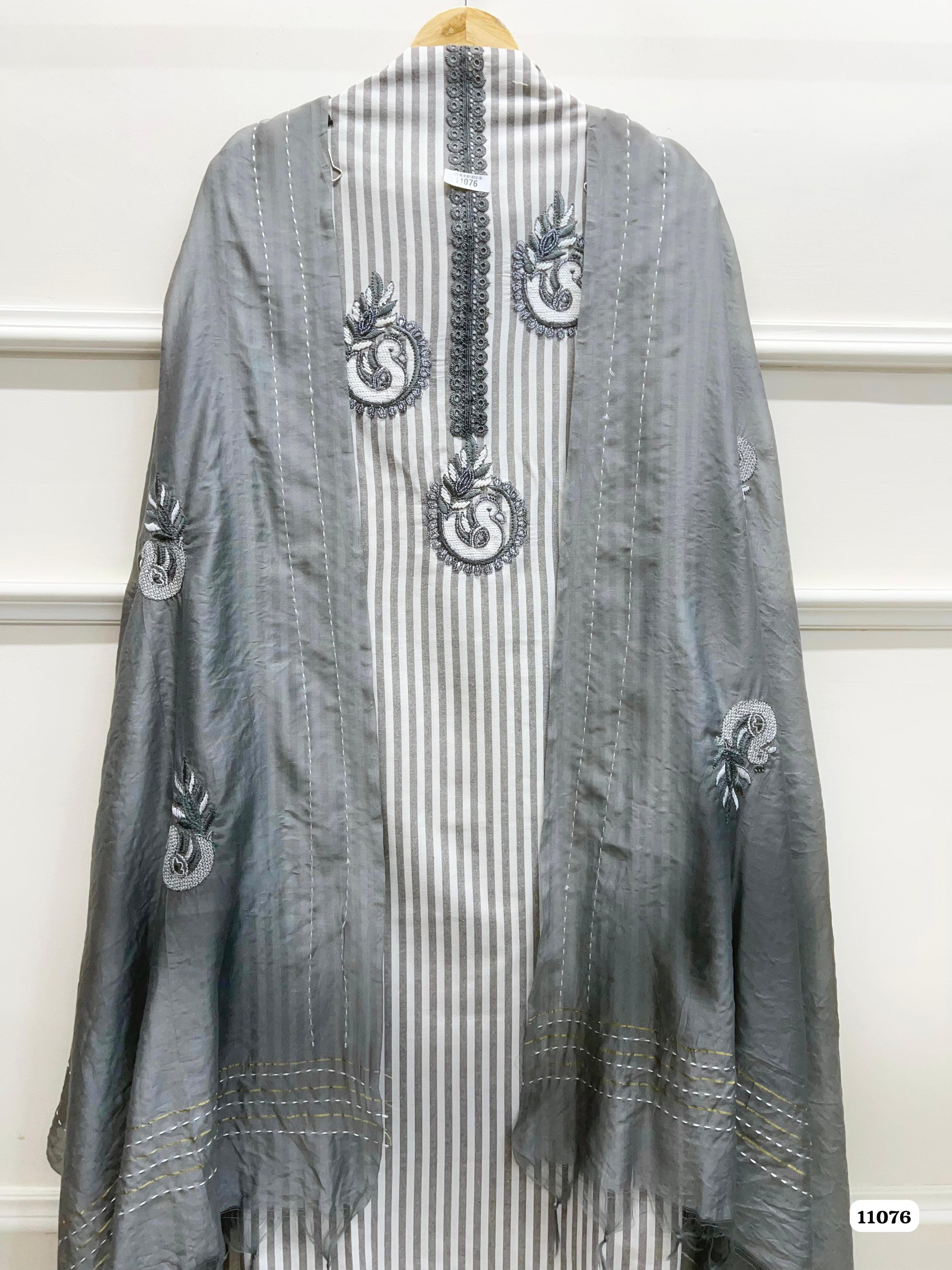 Grey Khadi Cotton Woven Printed Embroidered -Set Of 3 {11076}