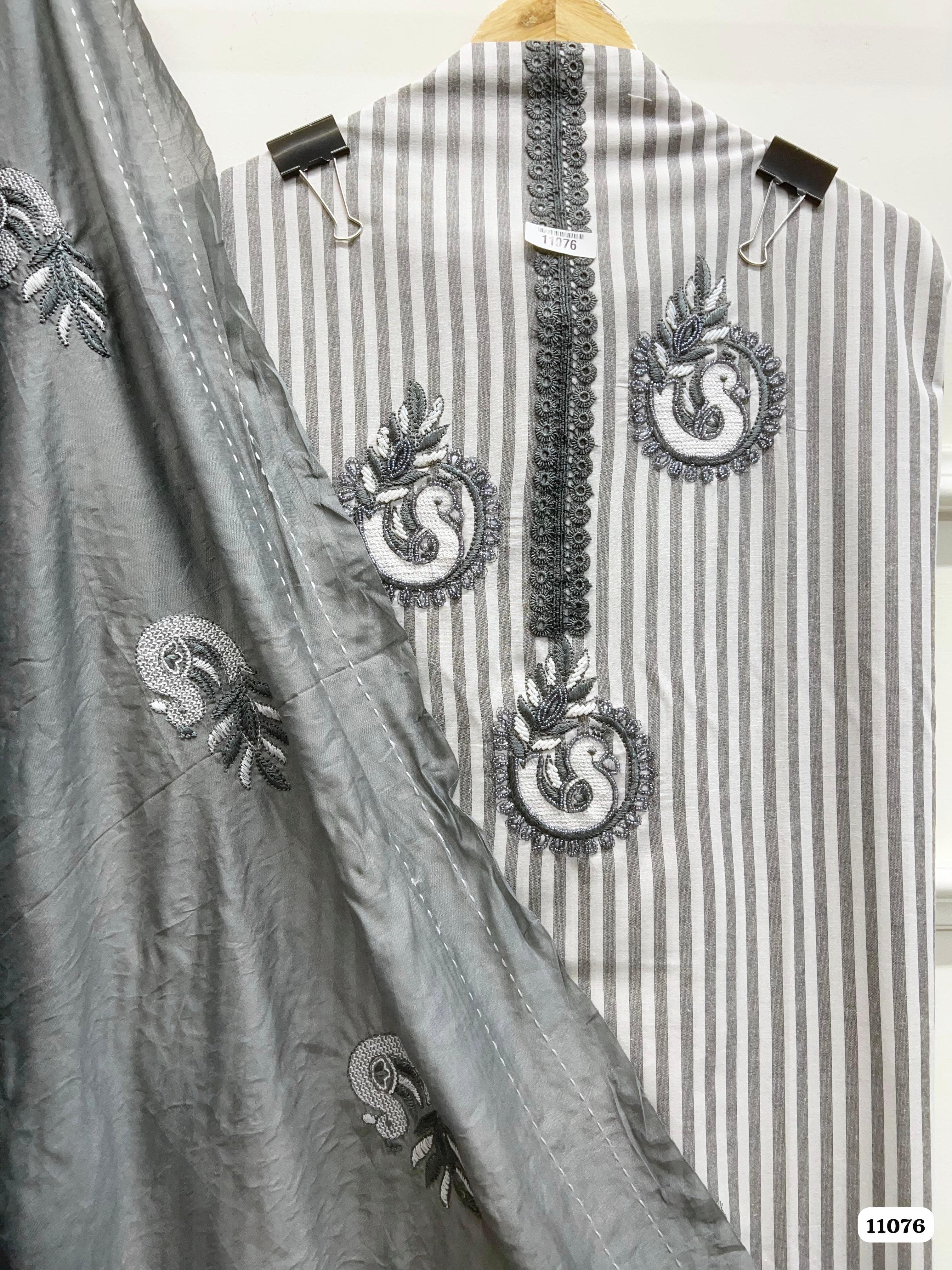 Grey Khadi Cotton Woven Printed Embroidered -Set Of 3 {11076}