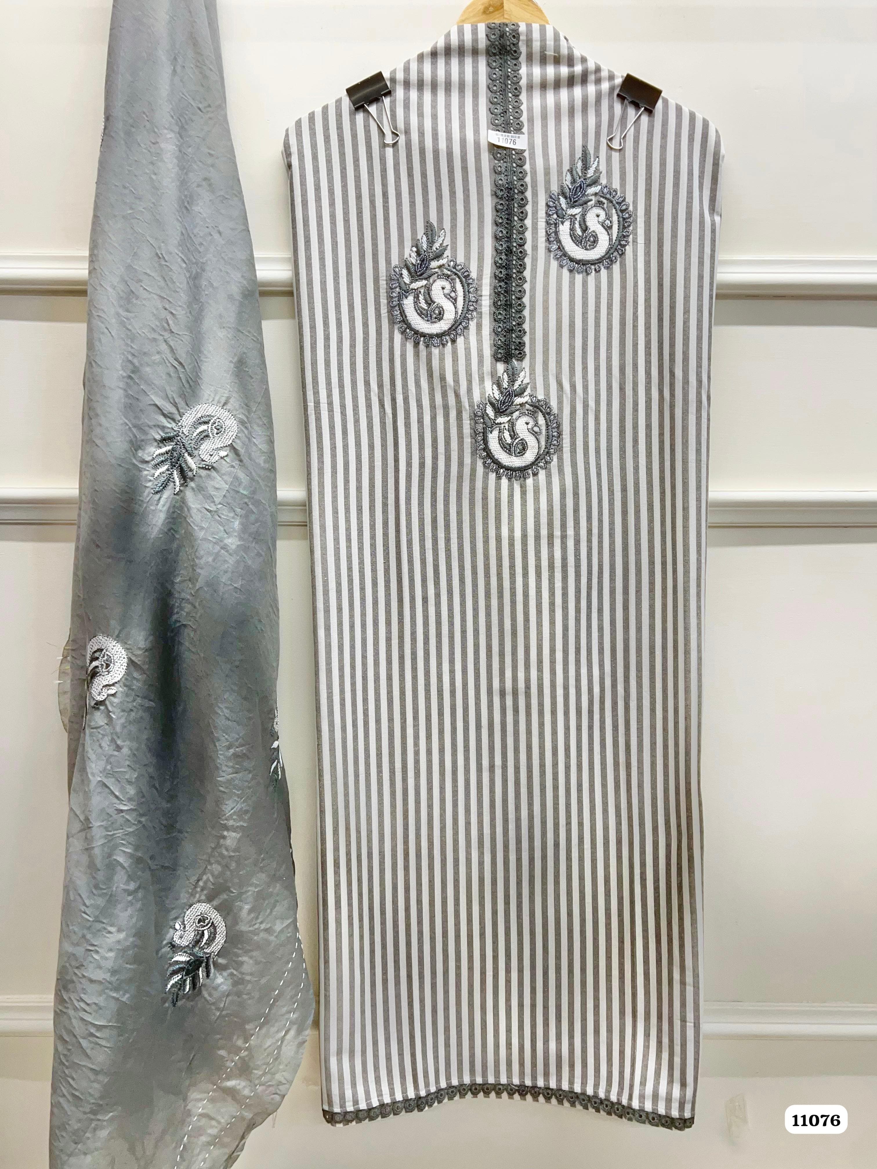 Grey Khadi Cotton Woven Printed Embroidered -Set Of 3 {11076}