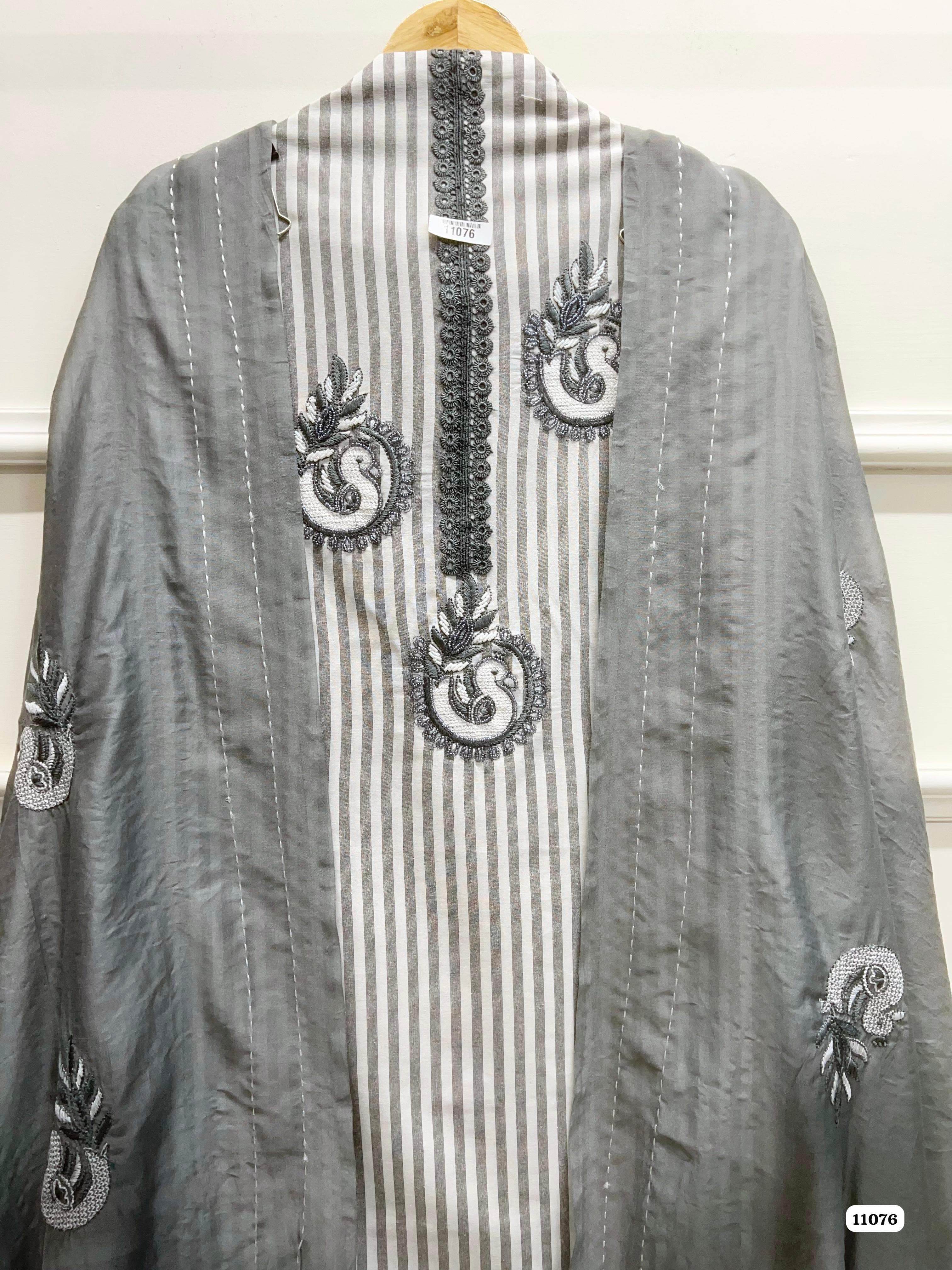 Grey Khadi Cotton Woven Printed Embroidered -Set Of 3 {11076}