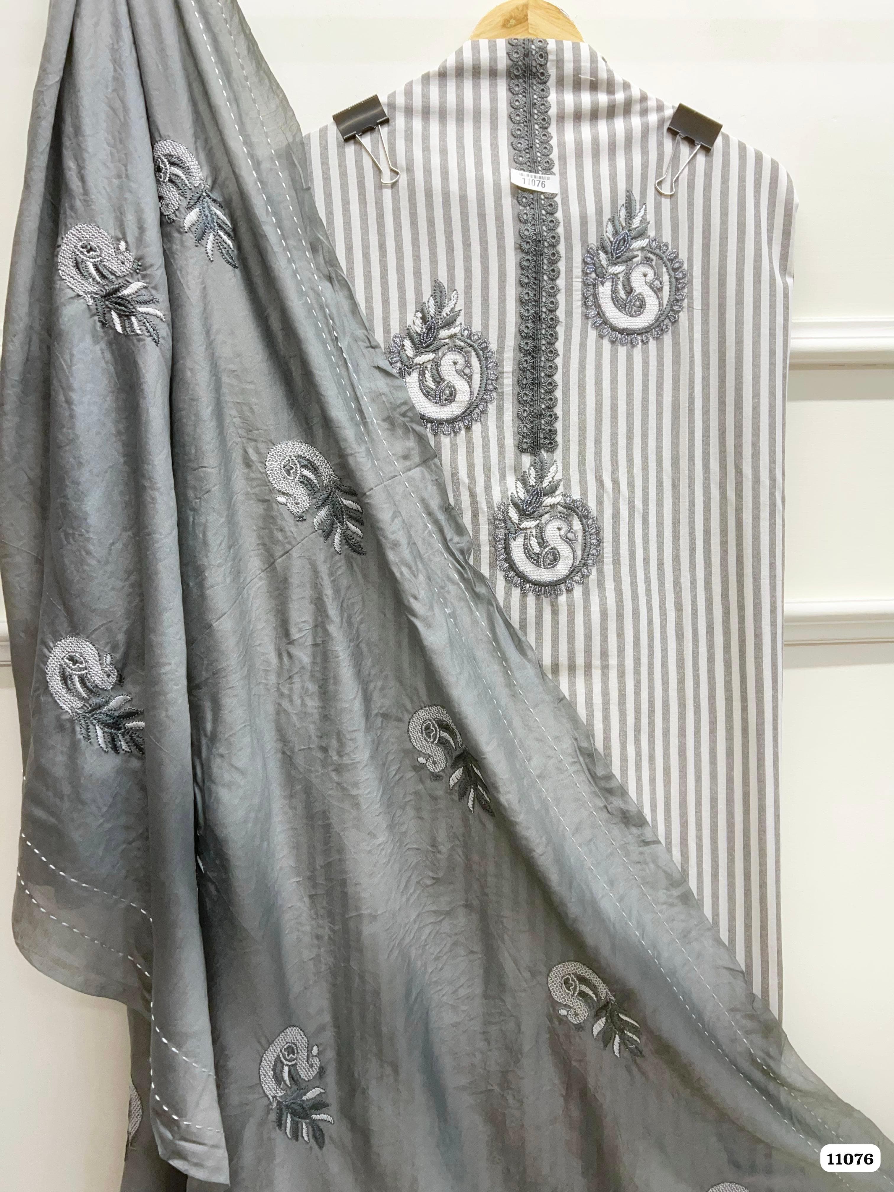 Grey Khadi Cotton Woven Printed Embroidered -Set Of 3 {11076}