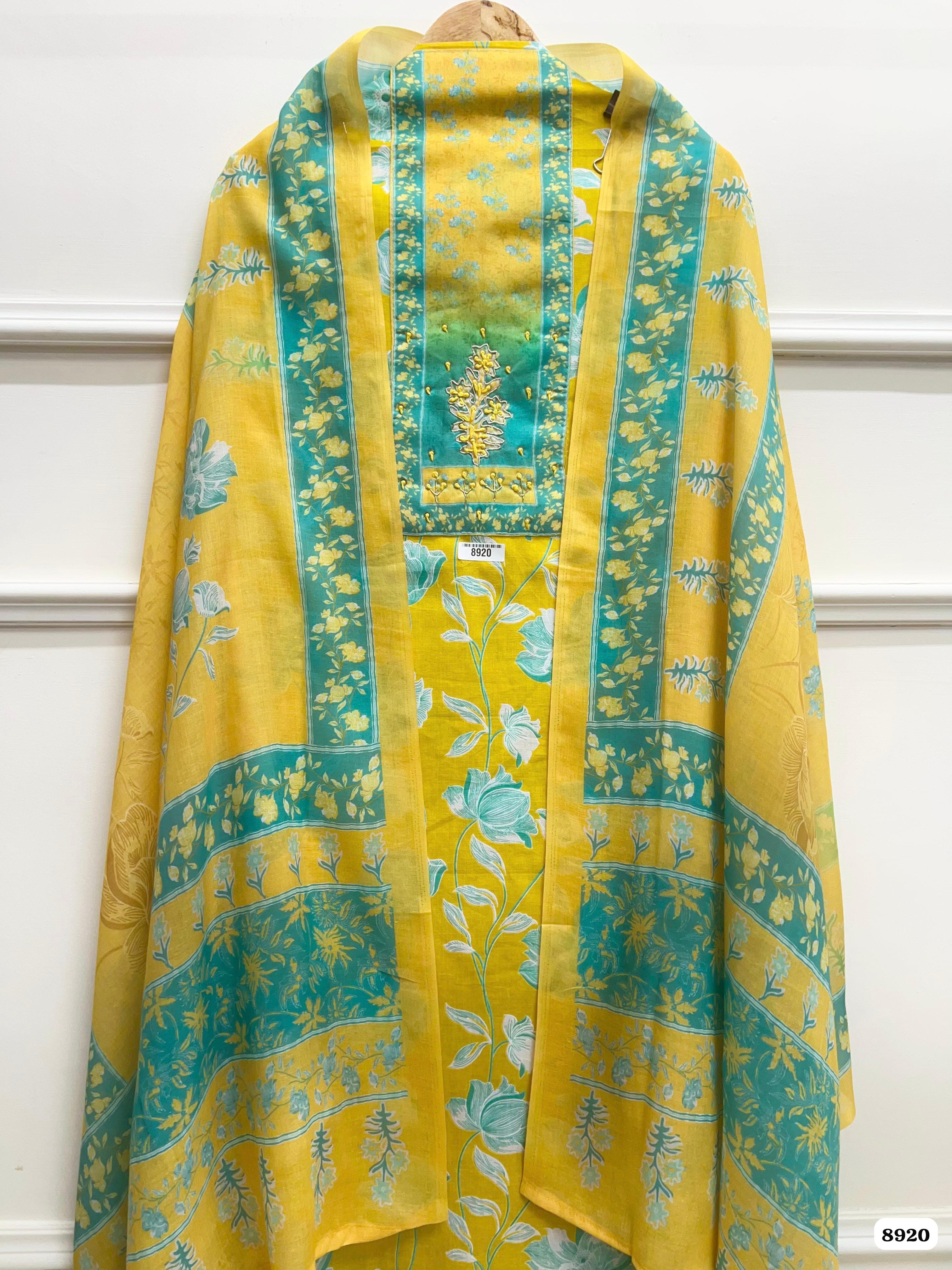 Yellow Cotton Printed Unstitched Hand Embroidered -Set Of 3