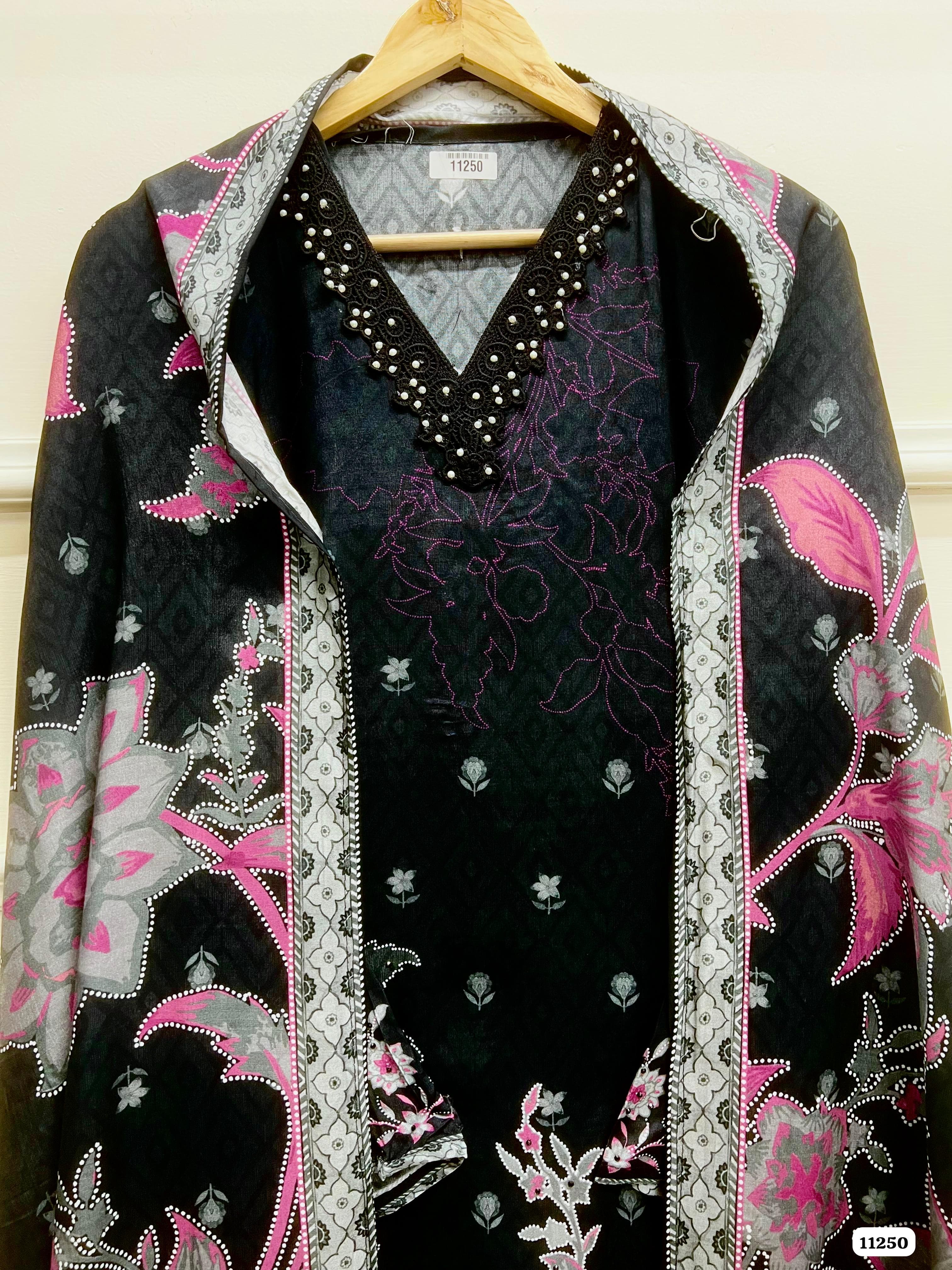 Black Muslin Printed Semi Stitched Hand Embroidered -Set Of 3