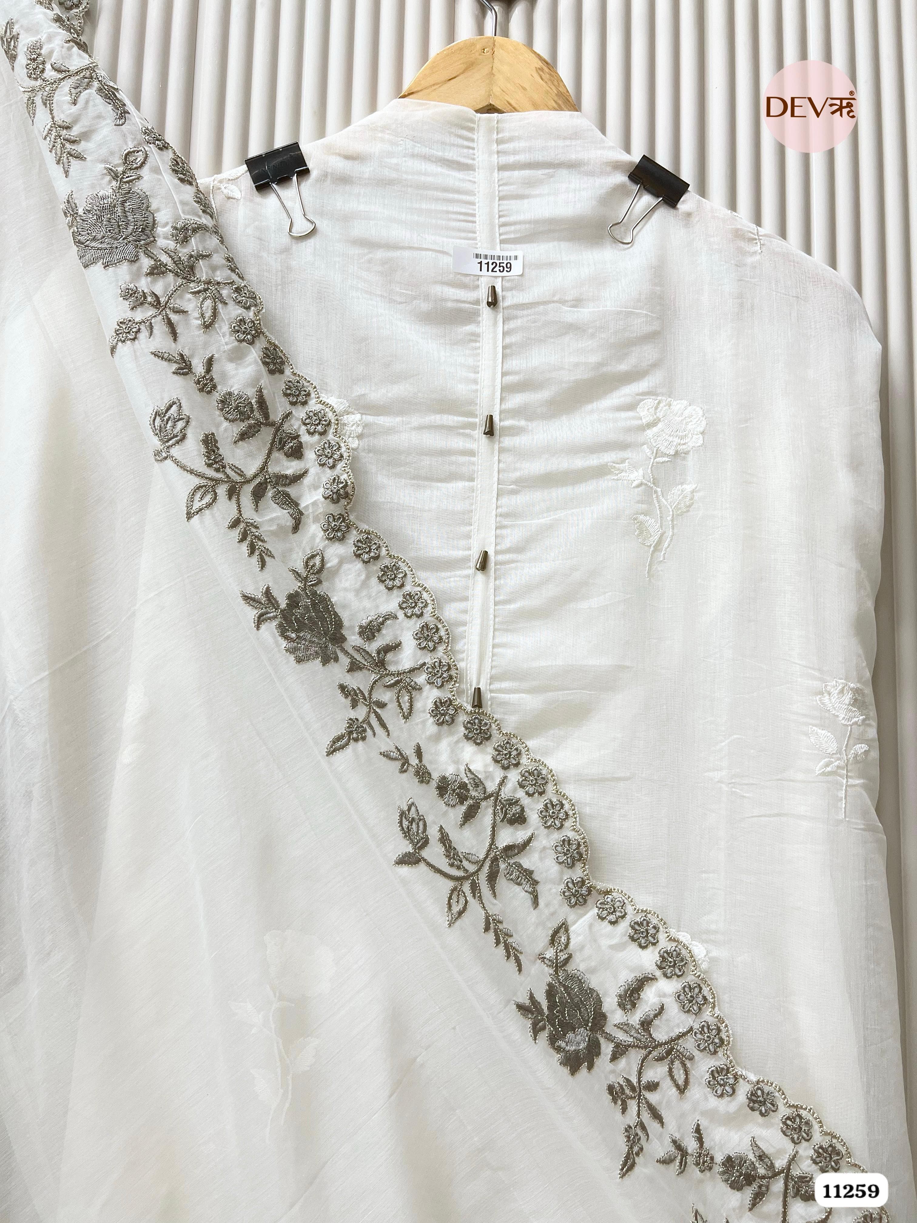 White Mul Chanderi Unstitched Embroidered -Set Of 3 {11259}