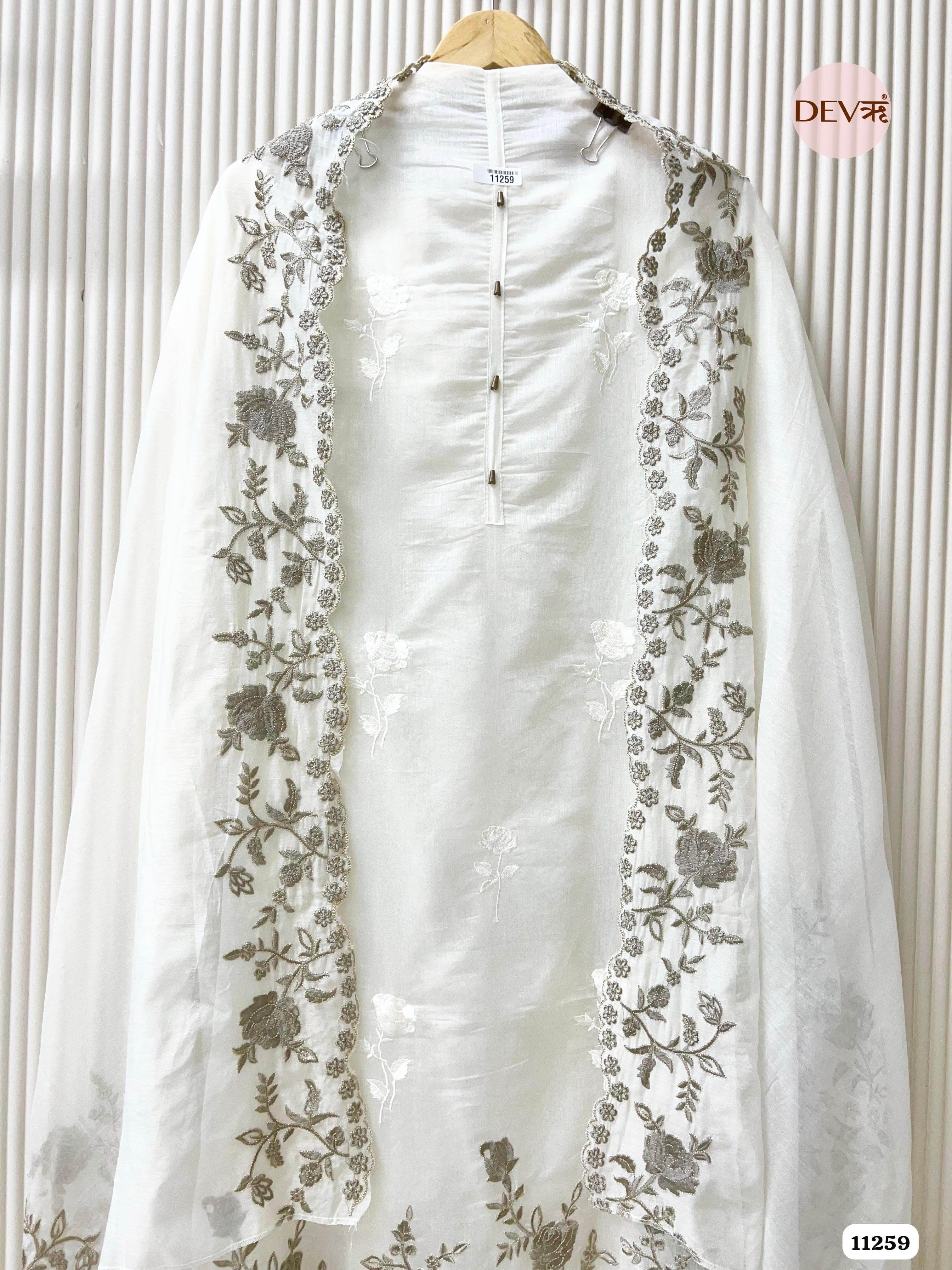 White Mul Chanderi Unstitched Embroidered -Set Of 3 {11259}