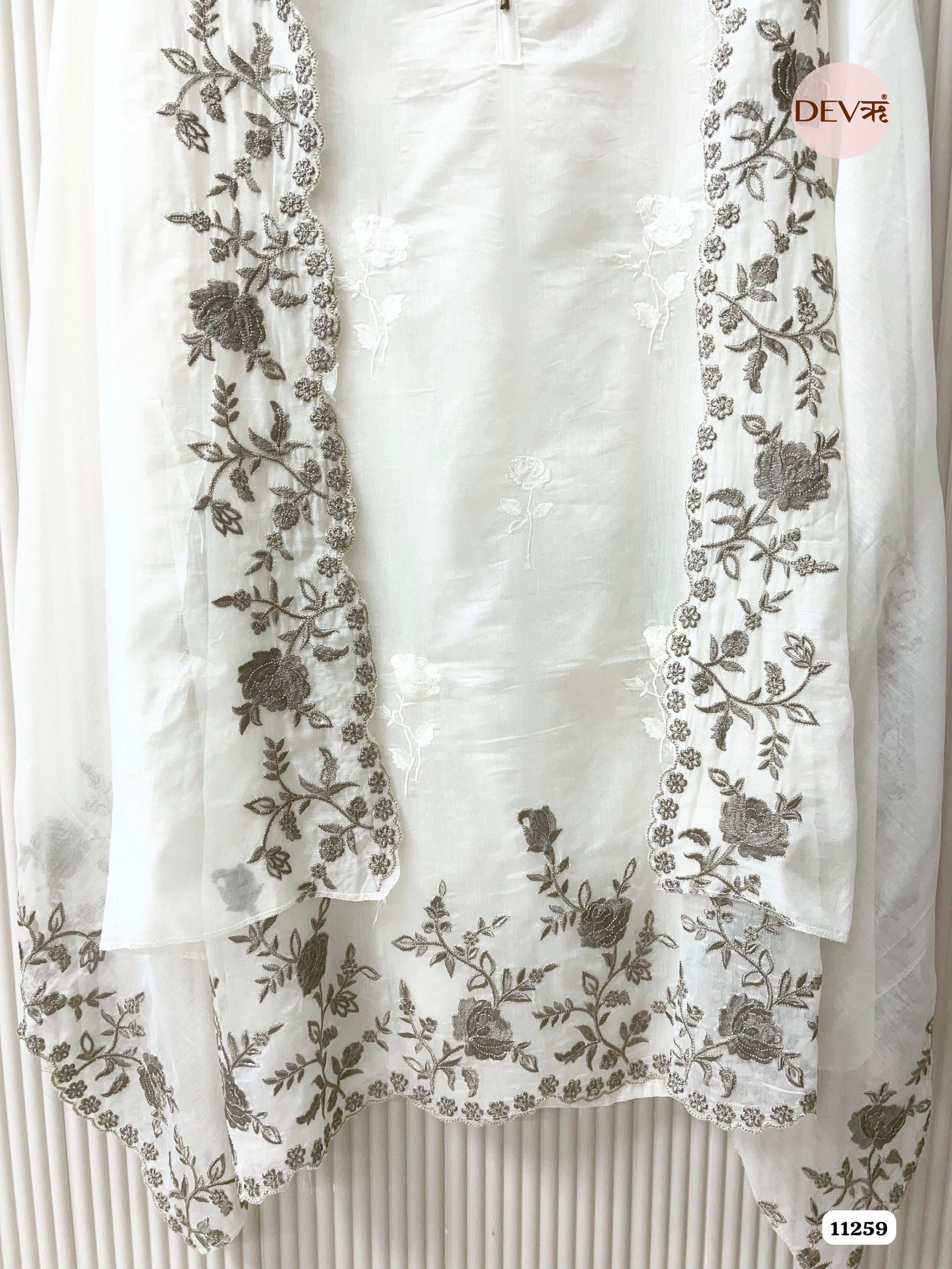 White Mul Chanderi Unstitched Embroidered -Set Of 3 {11259}