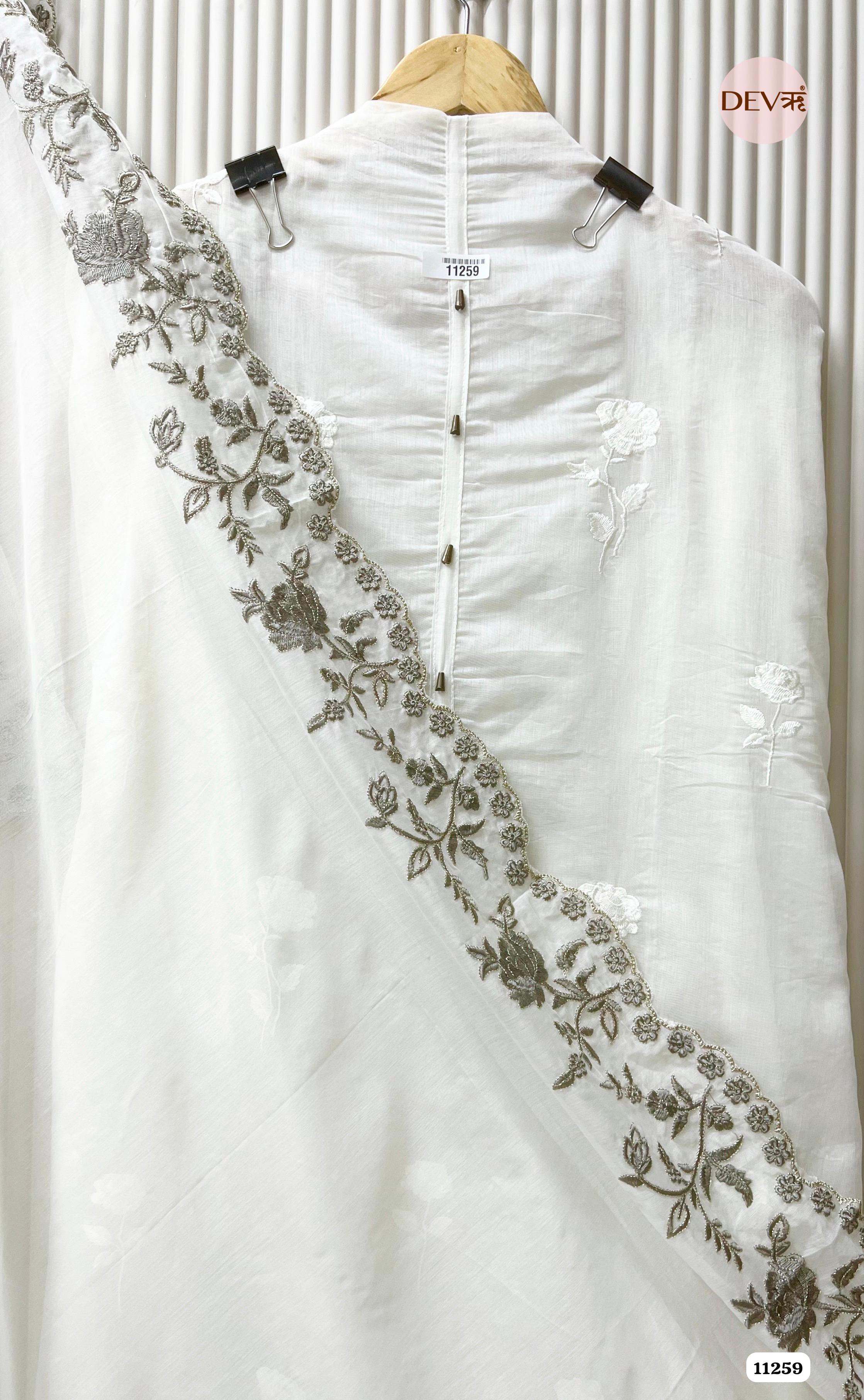 White Mul Chanderi Unstitched Embroidered -Set Of 3 {11259}