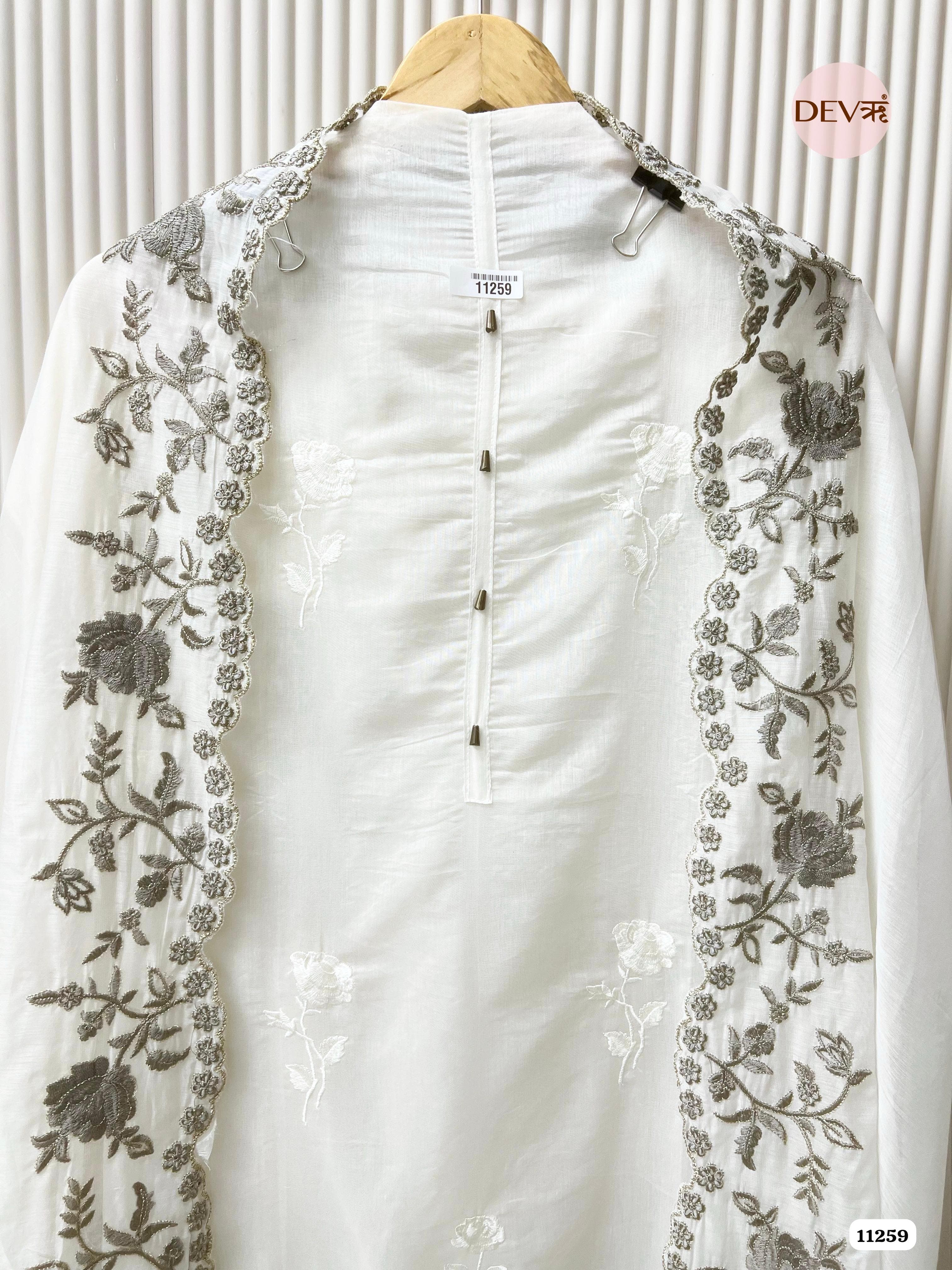 White Mul Chanderi Unstitched Embroidered -Set Of 3 {11259}