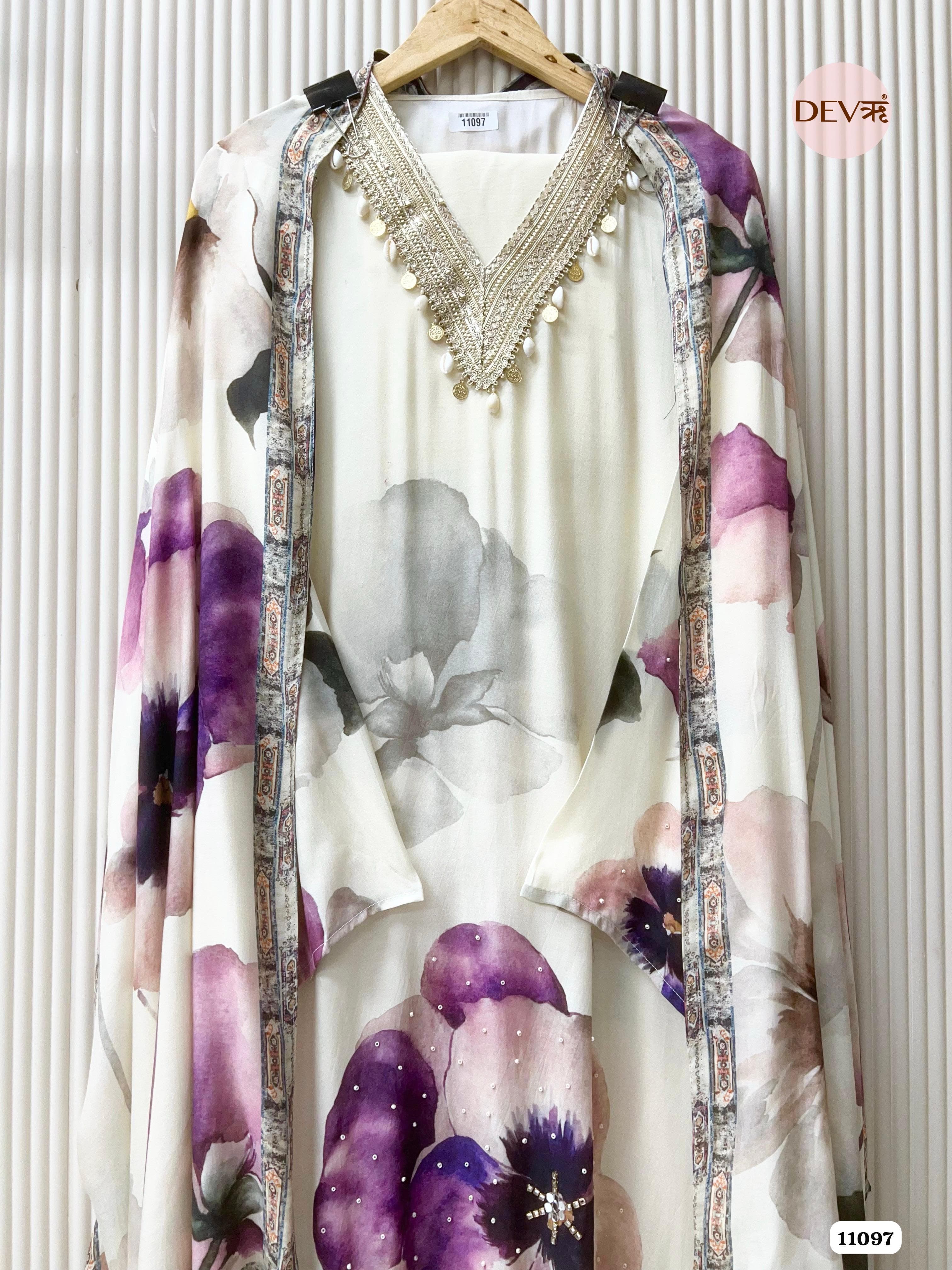 White Muslin Printed Semi Stitched Hand Embroidered -Set Of 3 {11097}