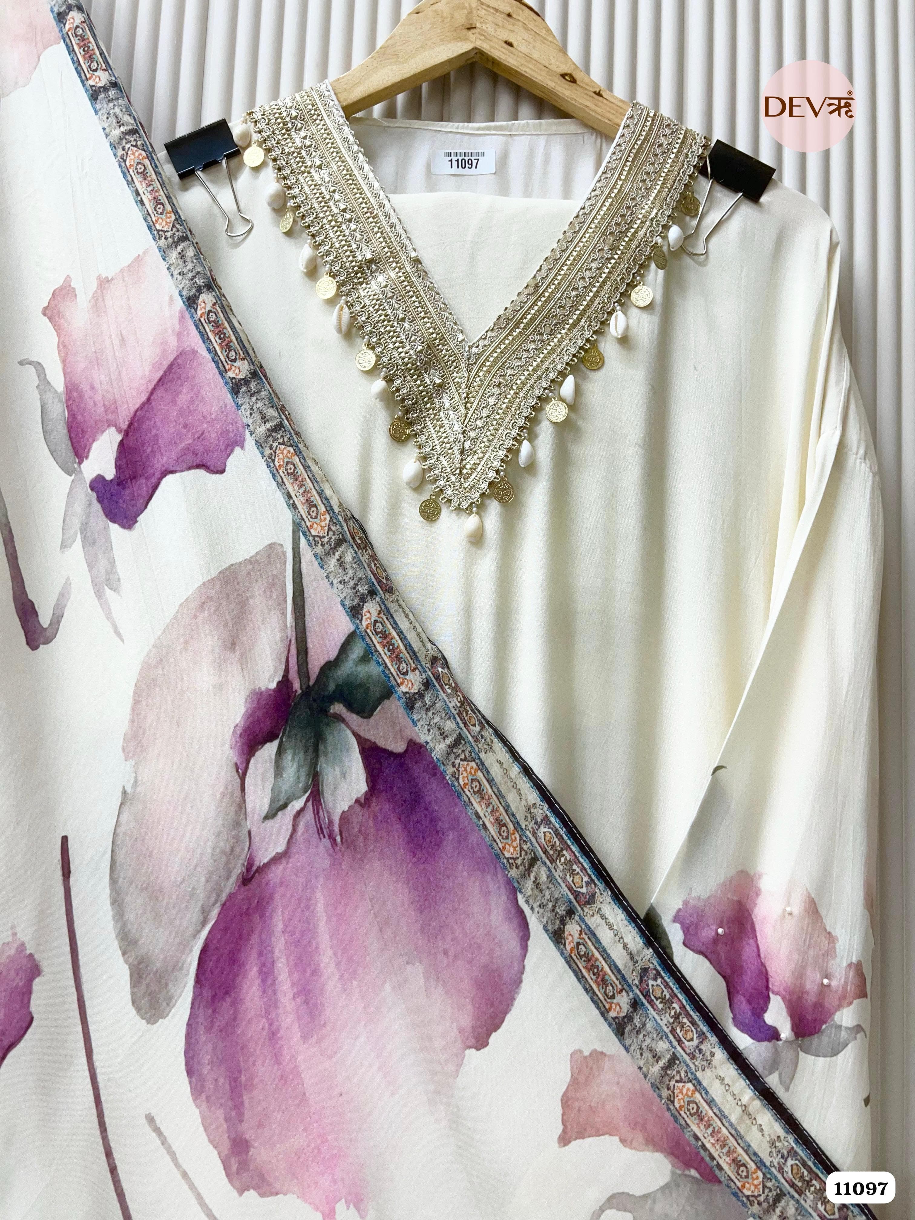 White Muslin Printed Semi Stitched Hand Embroidered -Set Of 3 {11097}