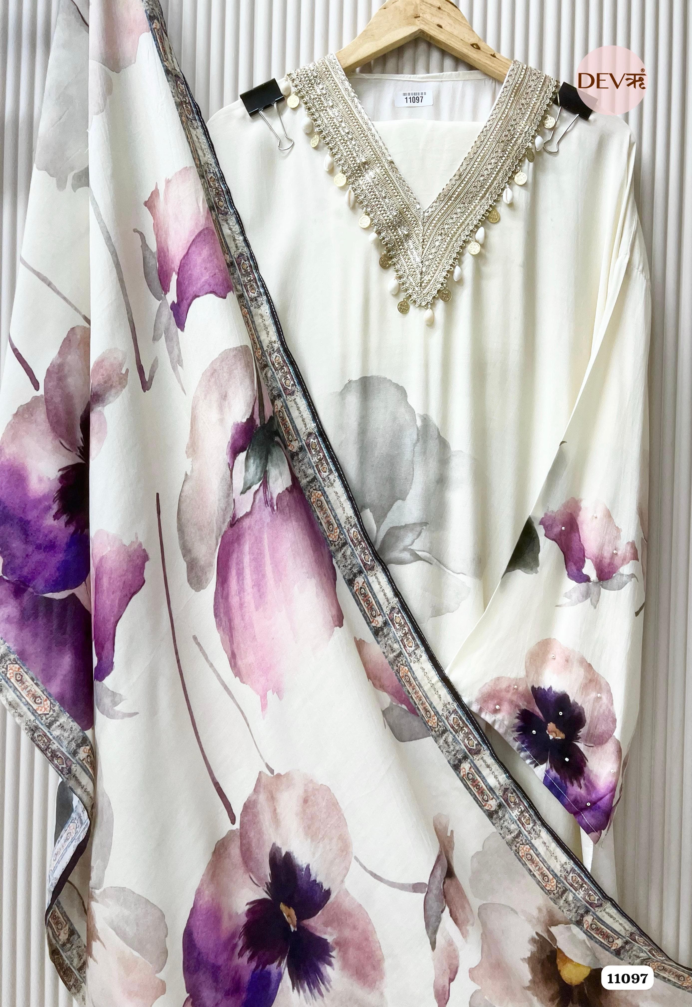 White Muslin Printed Semi Stitched Hand Embroidered -Set Of 3 {11097}