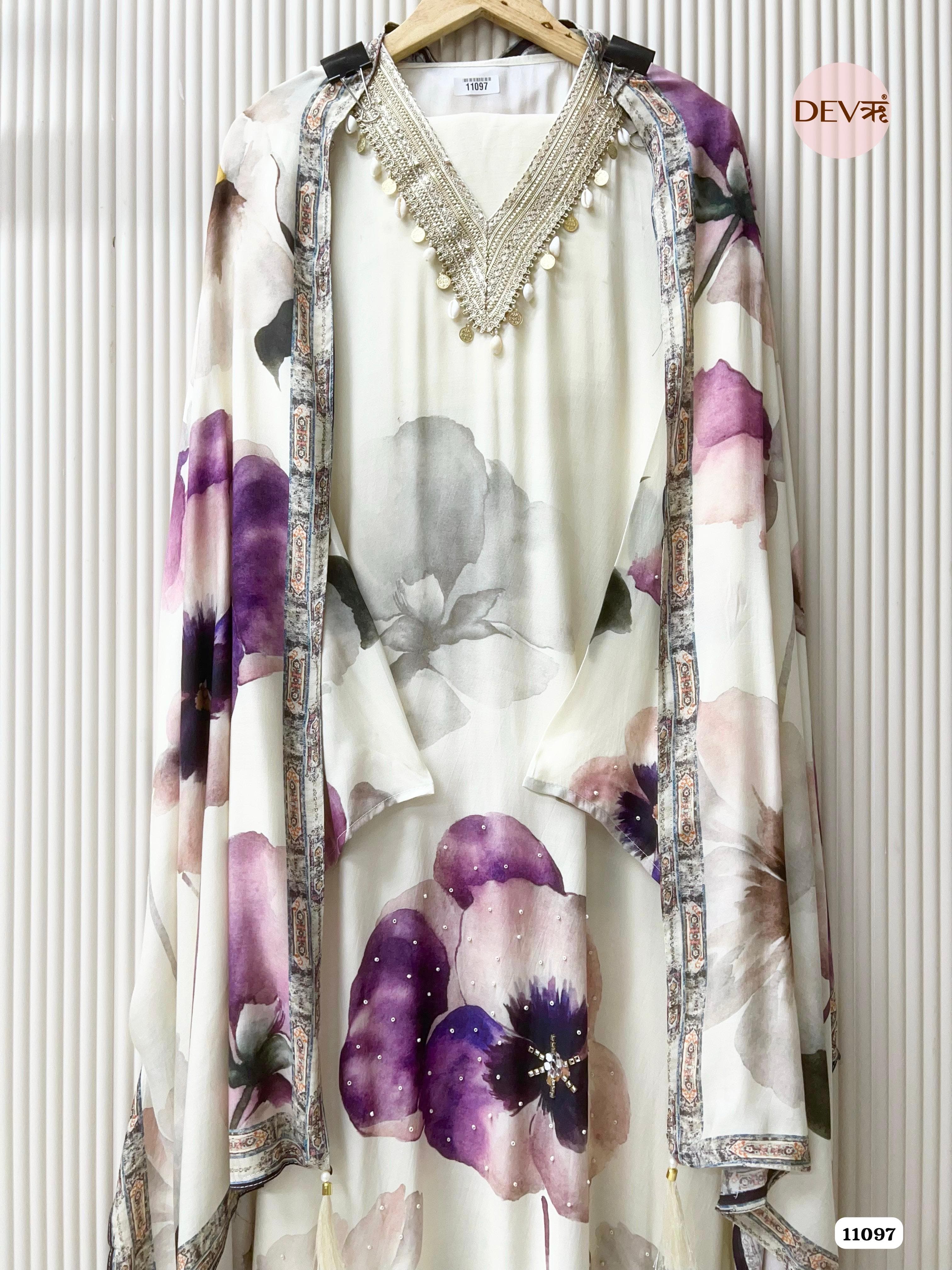 White Muslin Printed Semi Stitched Hand Embroidered -Set Of 3 {11097}