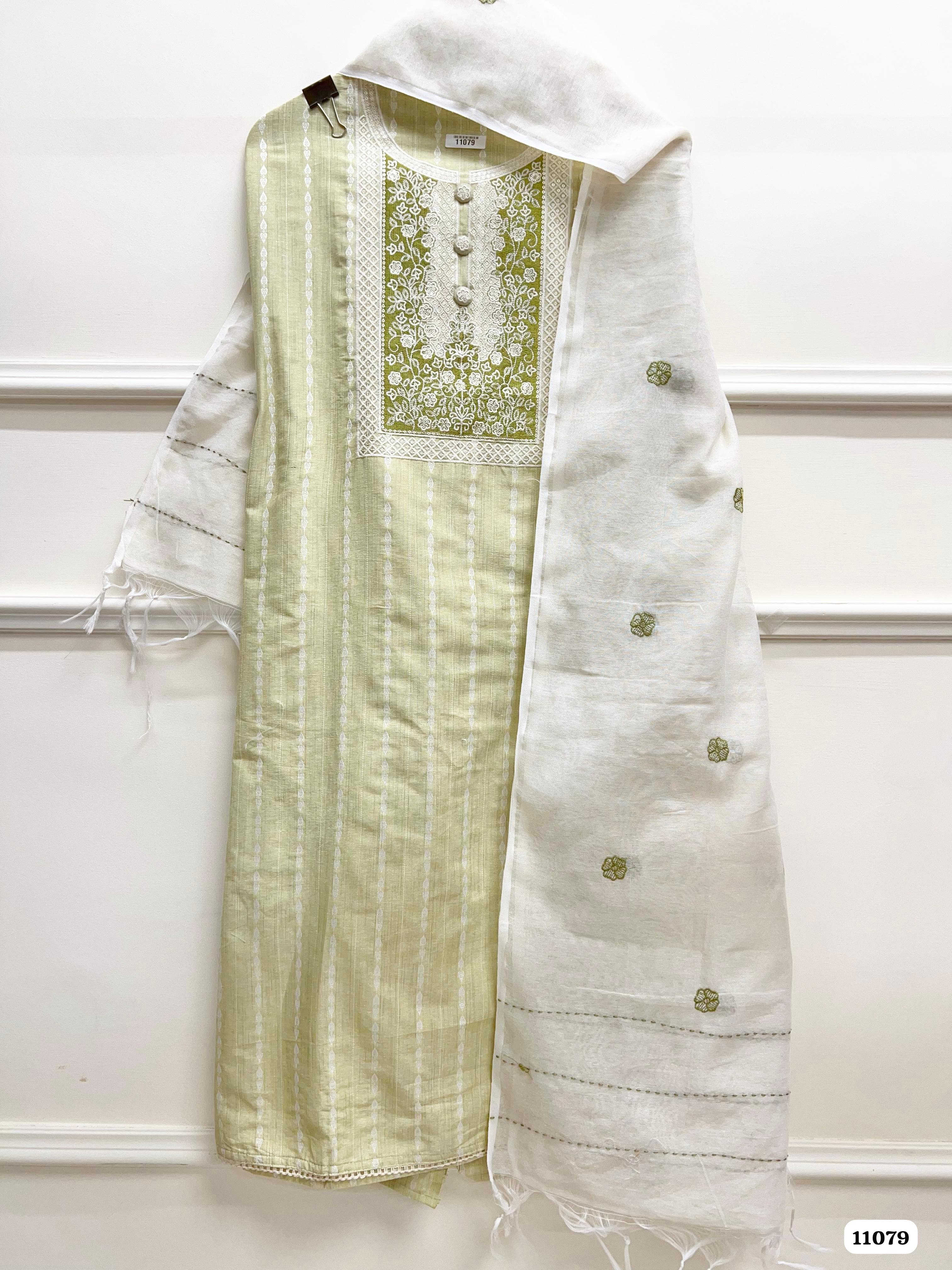 Green Khadi Cotton Unstitched Embroidered -Set of 3