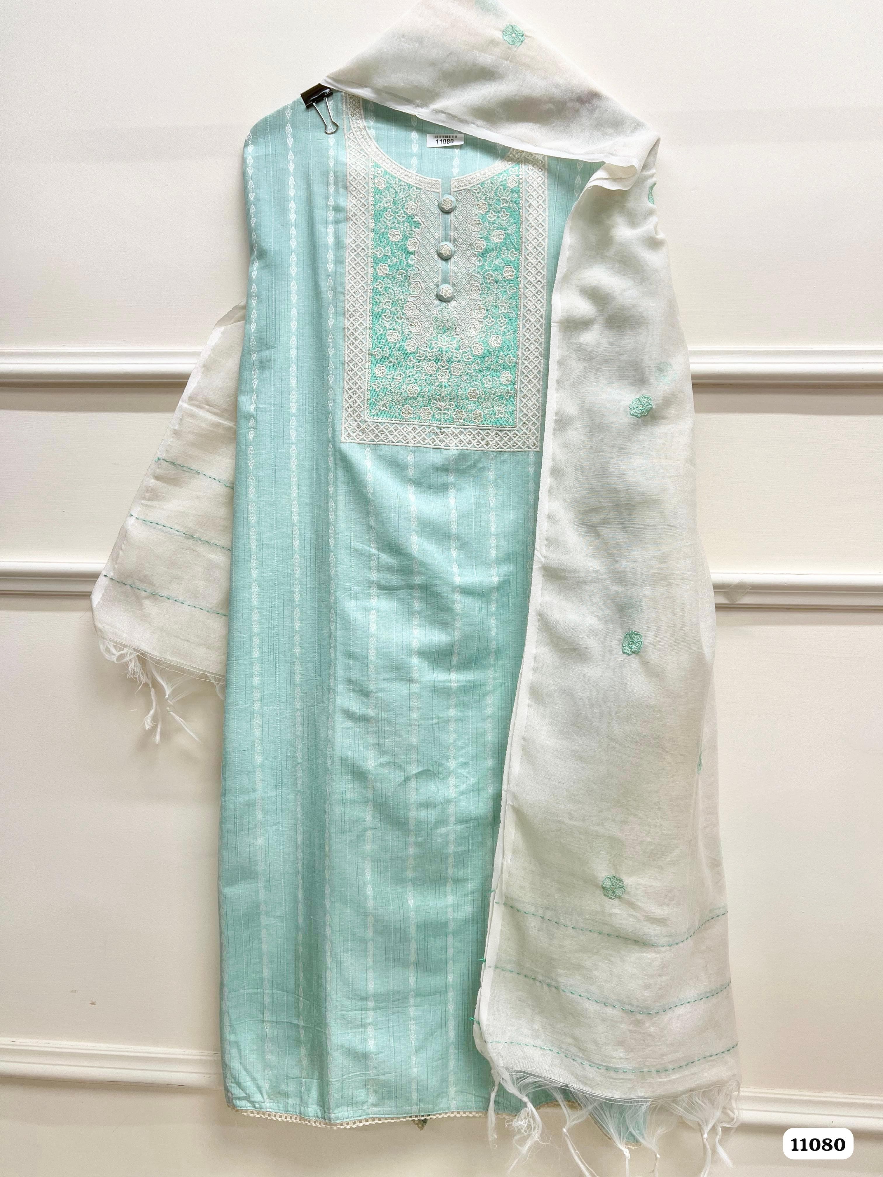 Blue Khadi cotton Unstitched Embroidered- Set Of 3