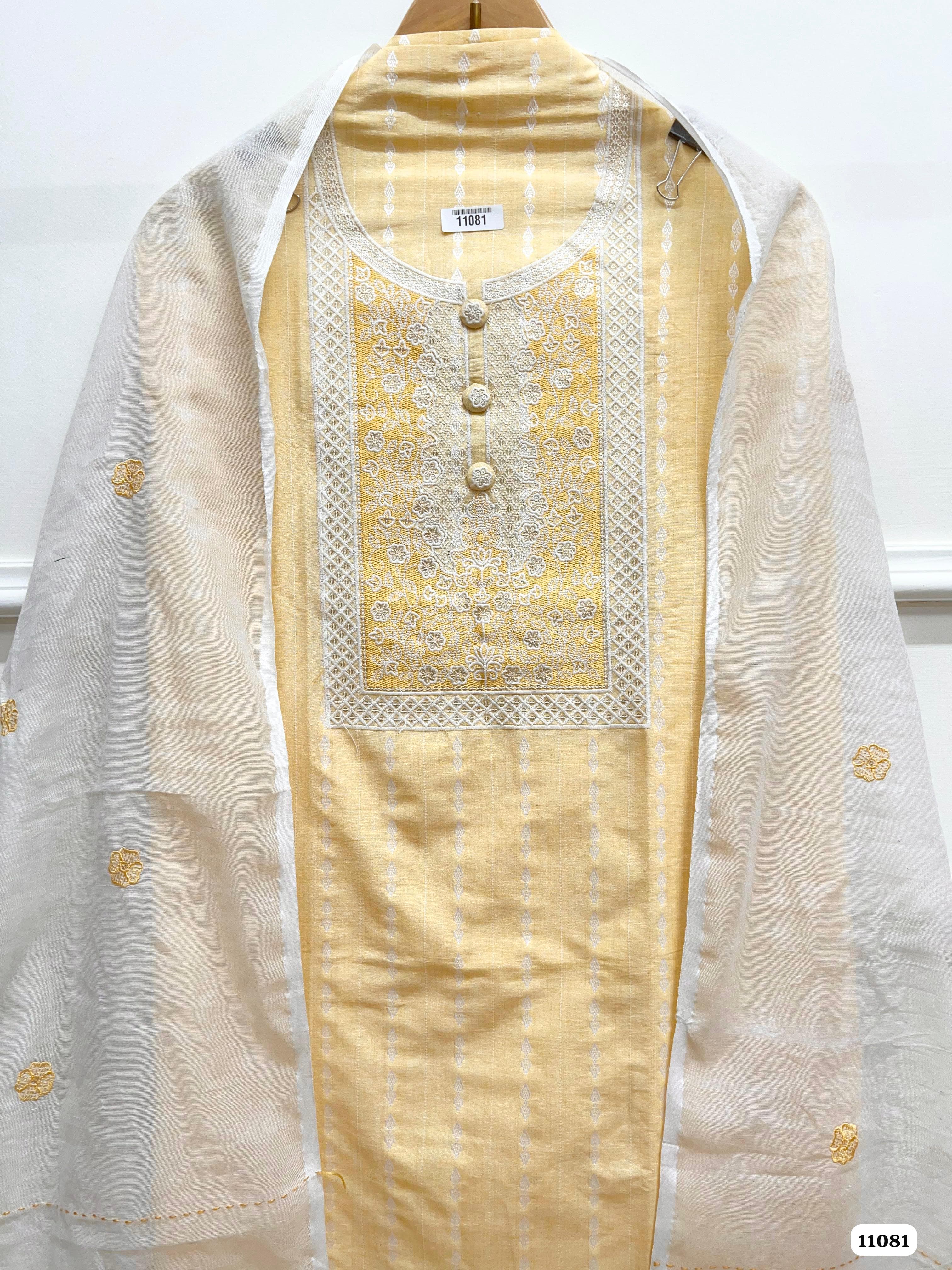 Yellow Khadi cotton un stitched embroidered-Set Of 3