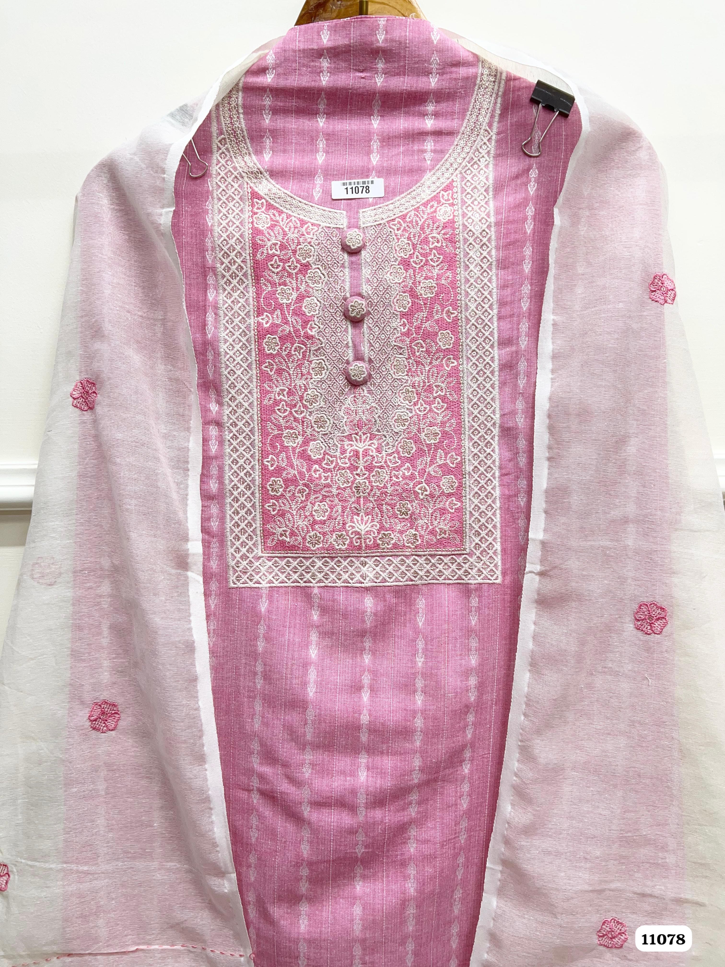 Pink Khadi cotton Unstitched Embroidered-Set Of 3