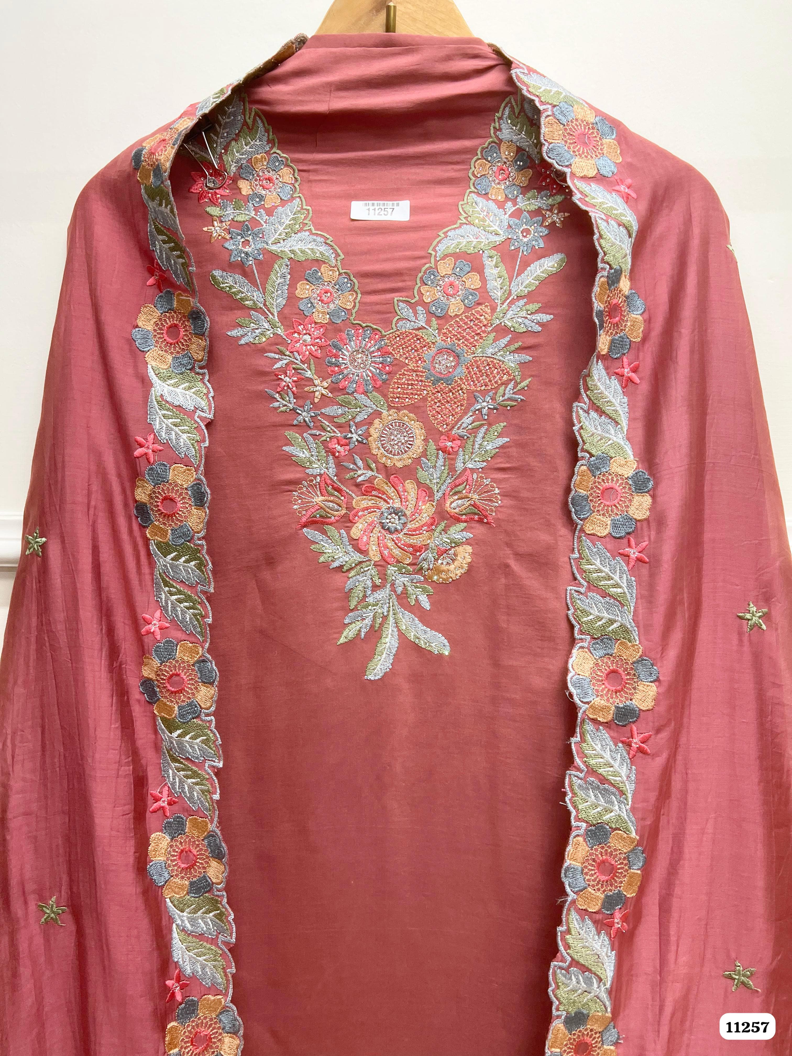 Red Modal silk unstitched Embroidered-Set Of 3