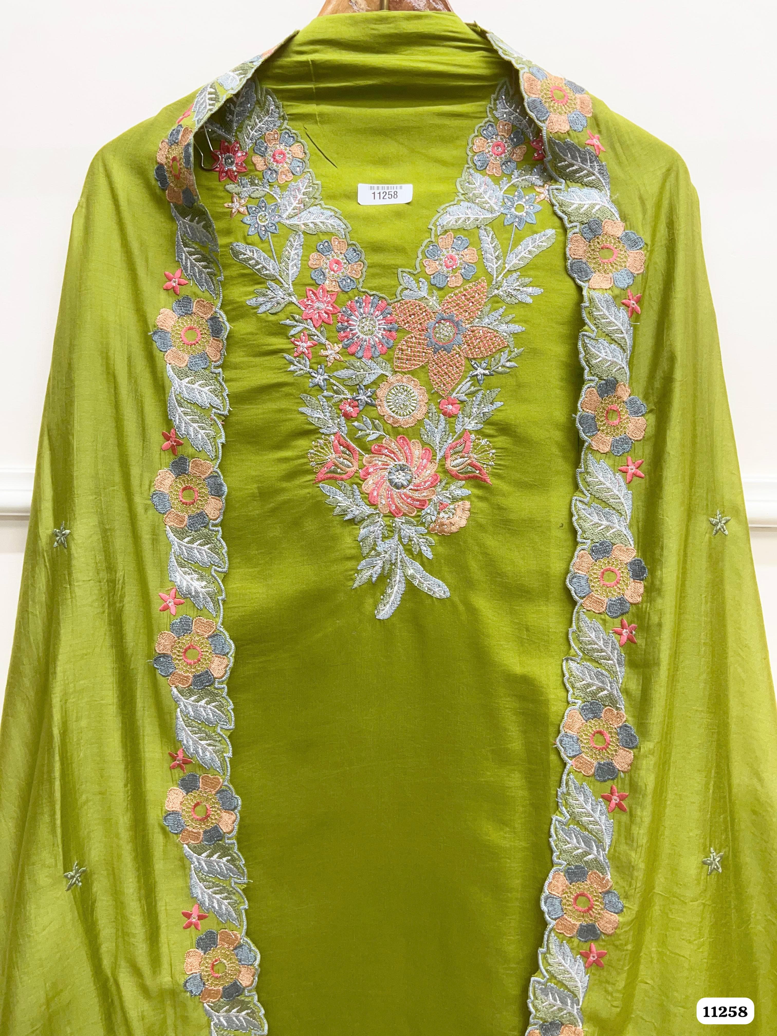 Green Modal silk unstitched Embroidered-Set Of 3 {11258}