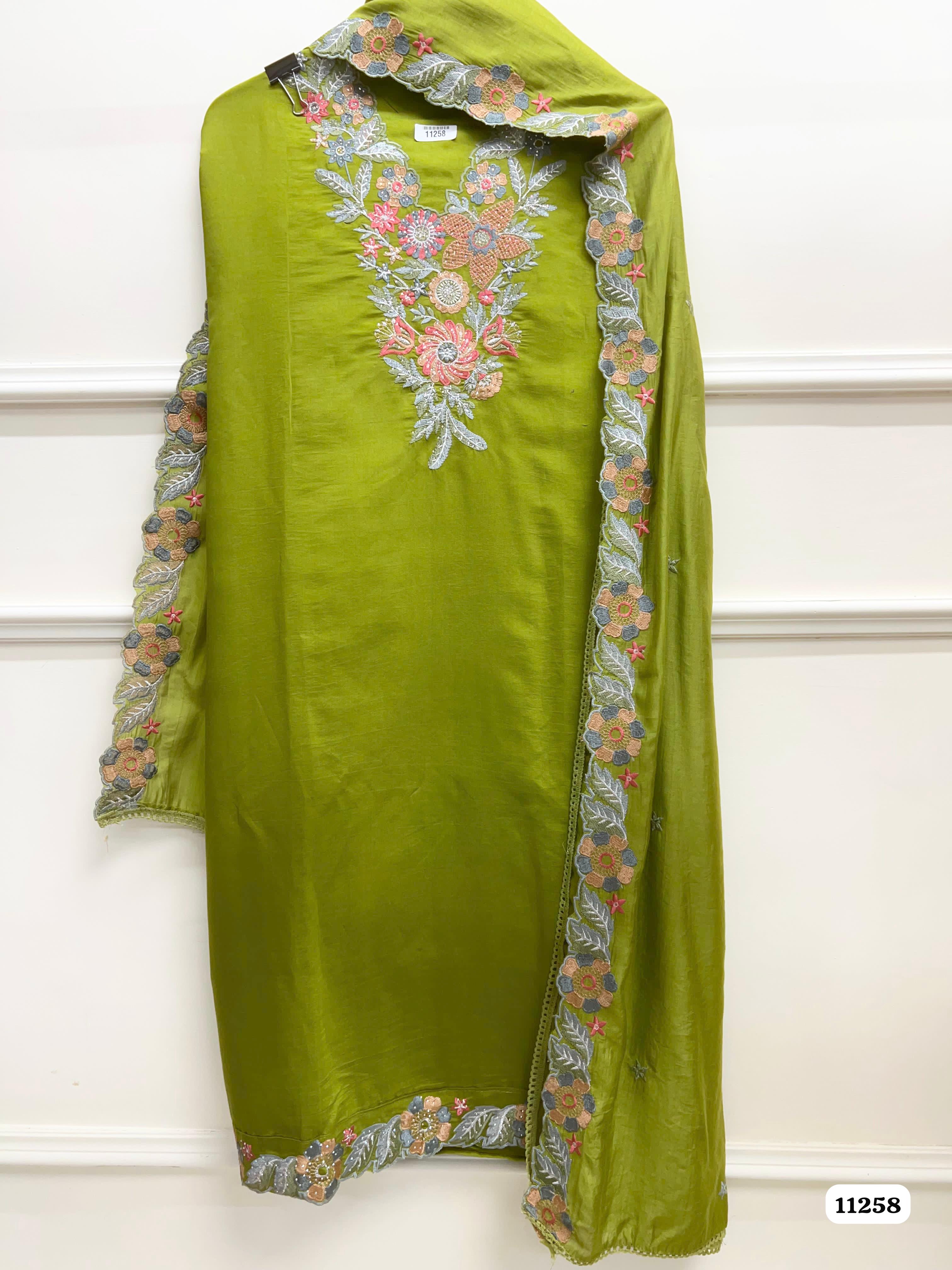 Green Modal silk unstitched Embroidered-Set Of 3 {11258}