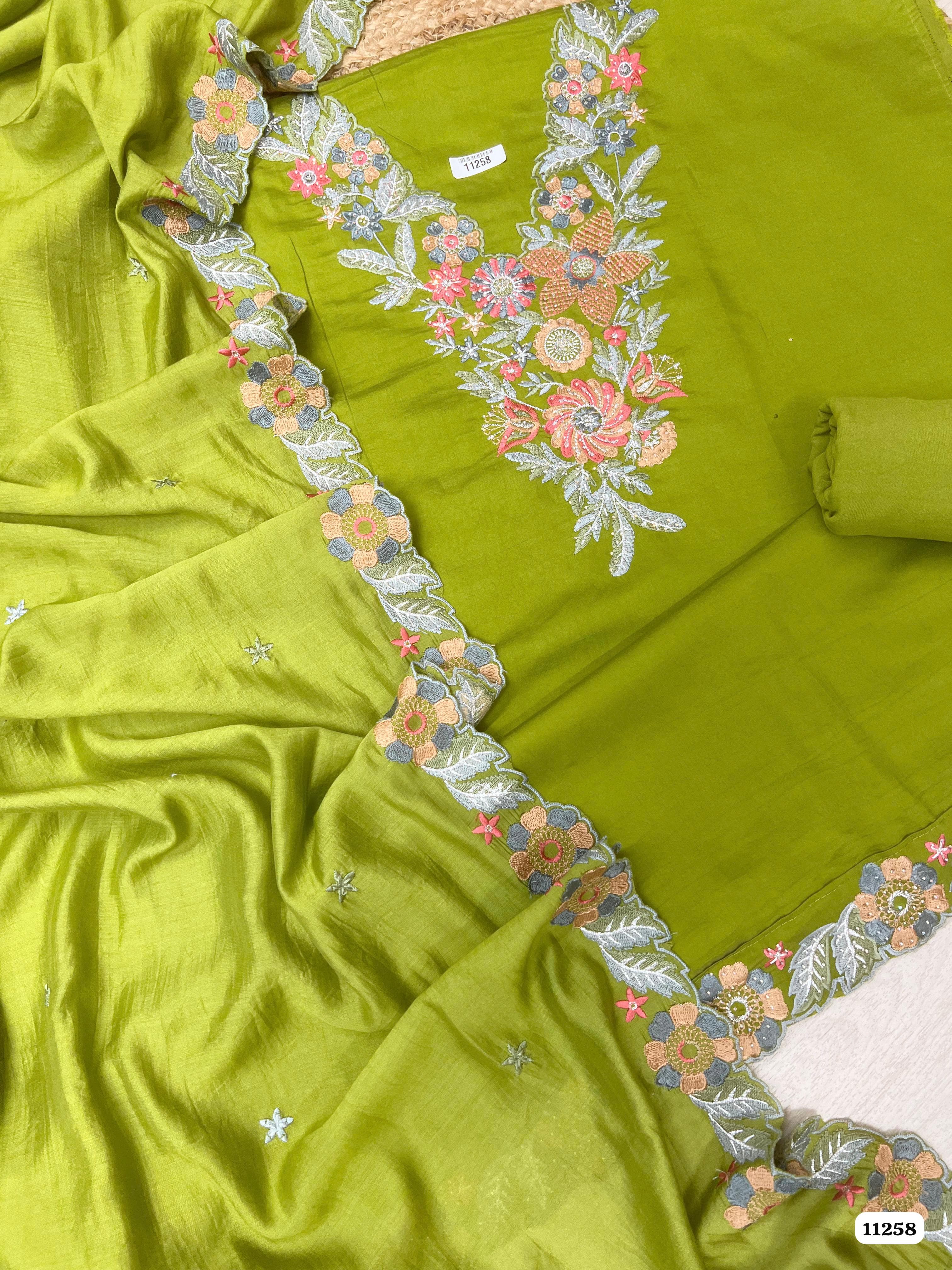 Green Modal silk unstitched Embroidered-Set Of 3 {11258}