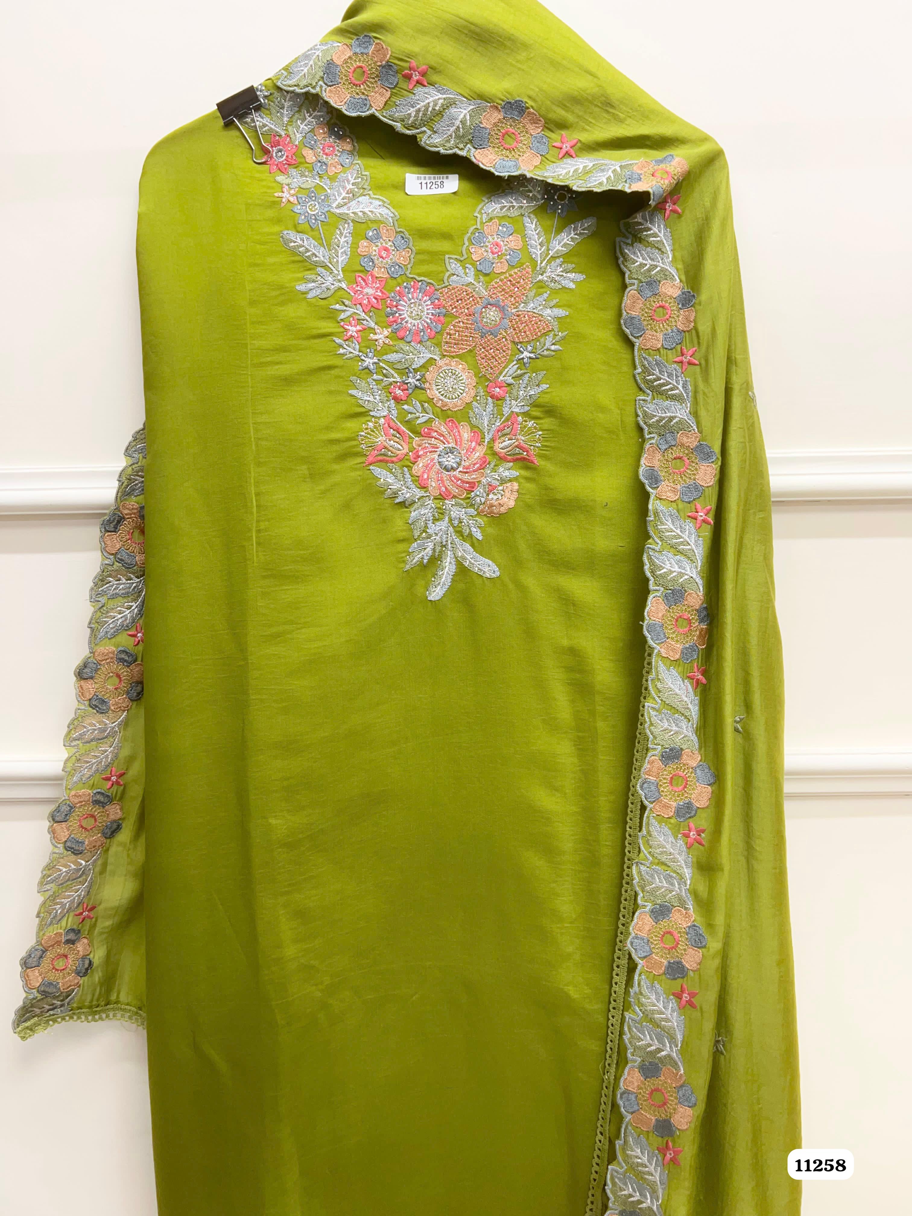 Green Modal silk unstitched Embroidered-Set Of 3 {11258}