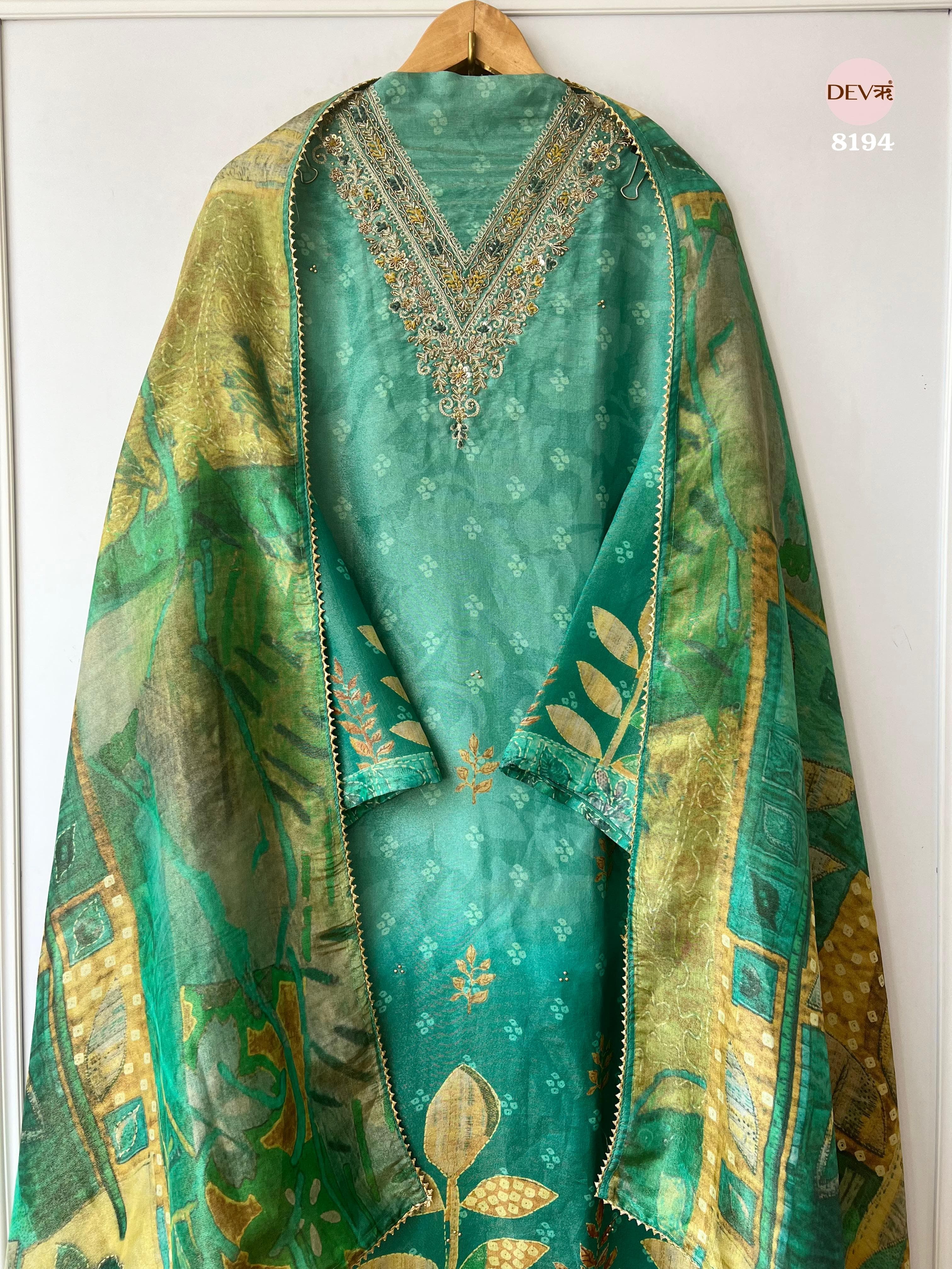 Green  Tissue Silk Semi Stitched -Set Of 3 {8194}