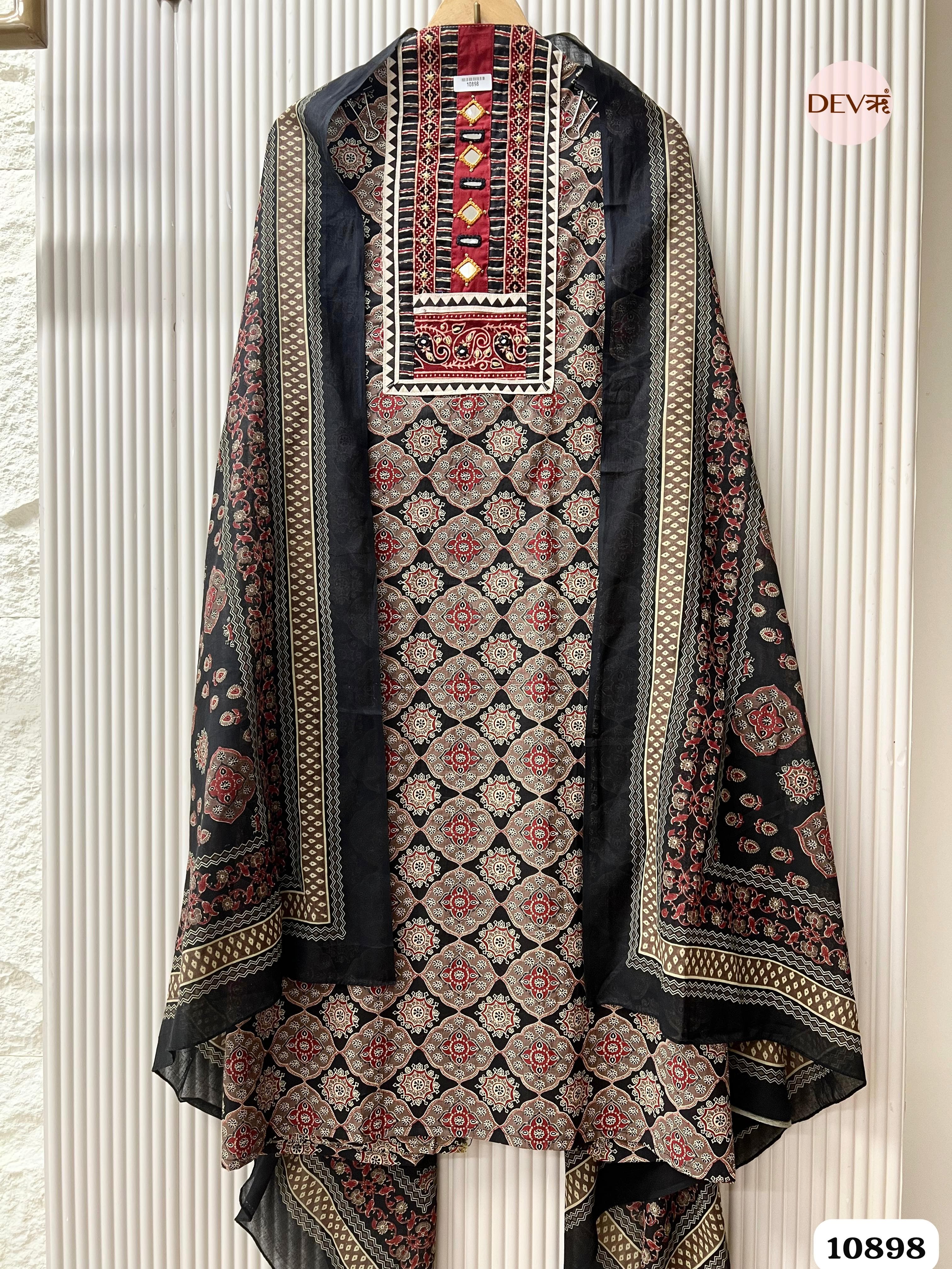 Black Cotton Unstitched Printed Hand Embroidered -Set Of 3 {10898}