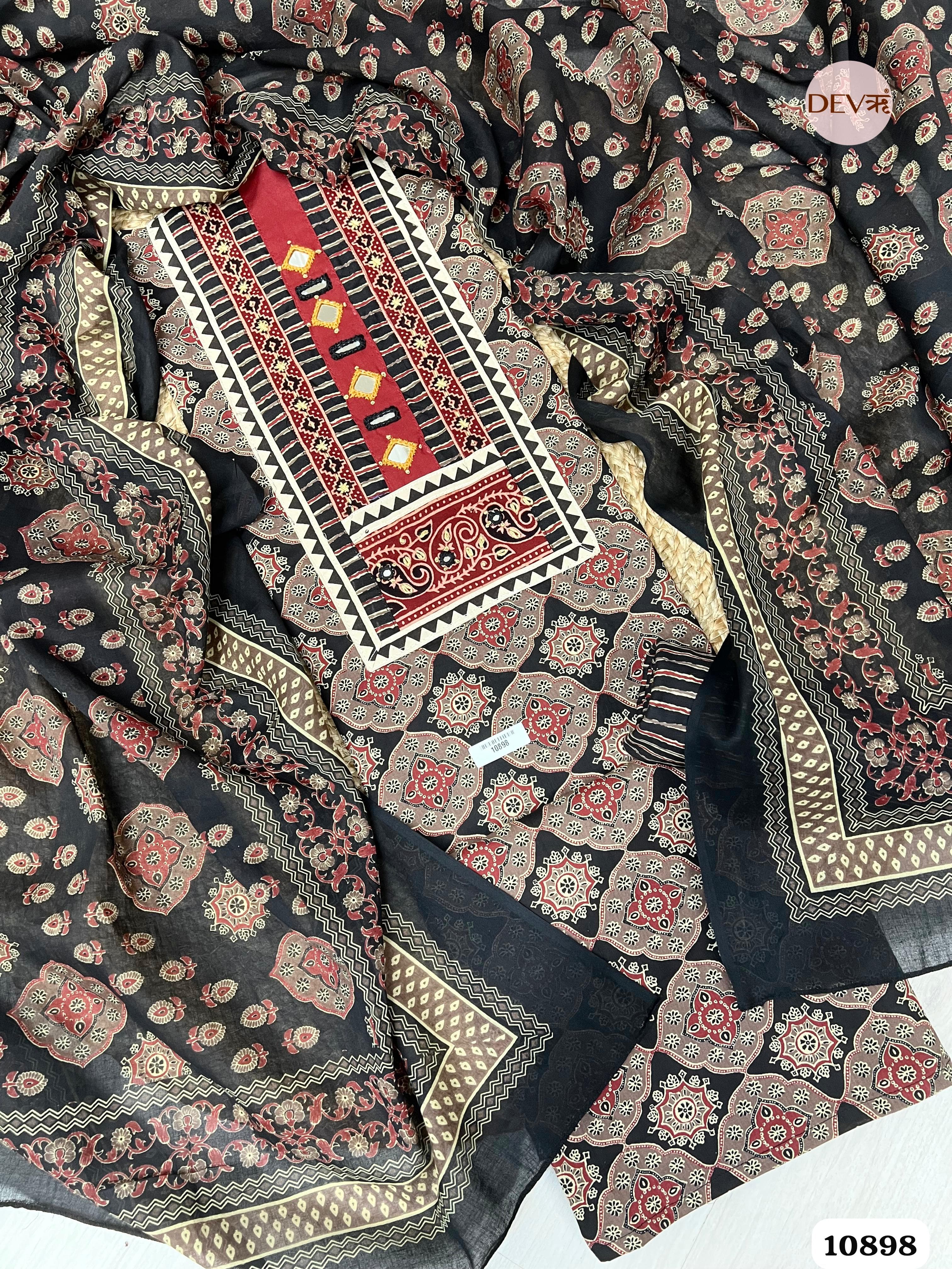 Black Cotton Unstitched Printed Hand Embroidered -Set Of 3 {10898}