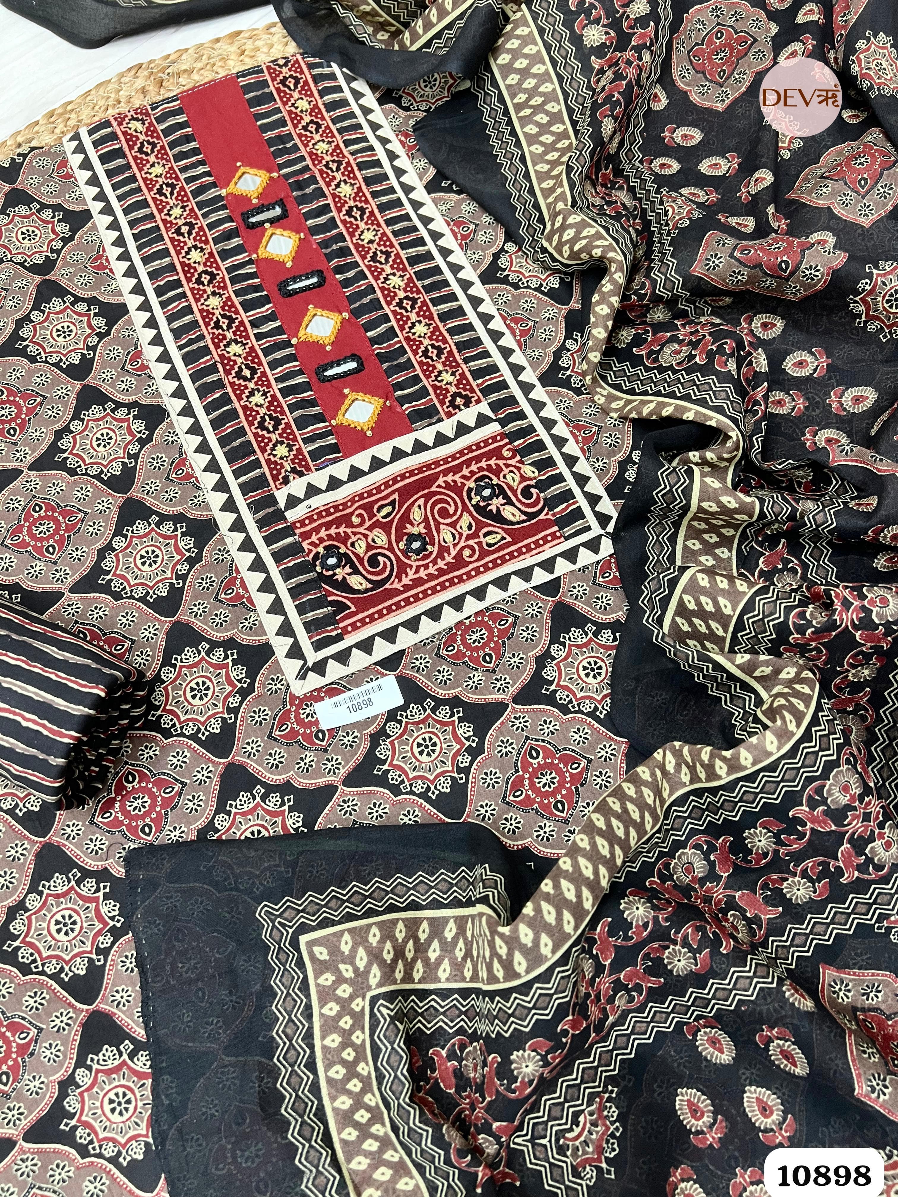 Black Cotton Unstitched Printed Hand Embroidered -Set Of 3 {10898}