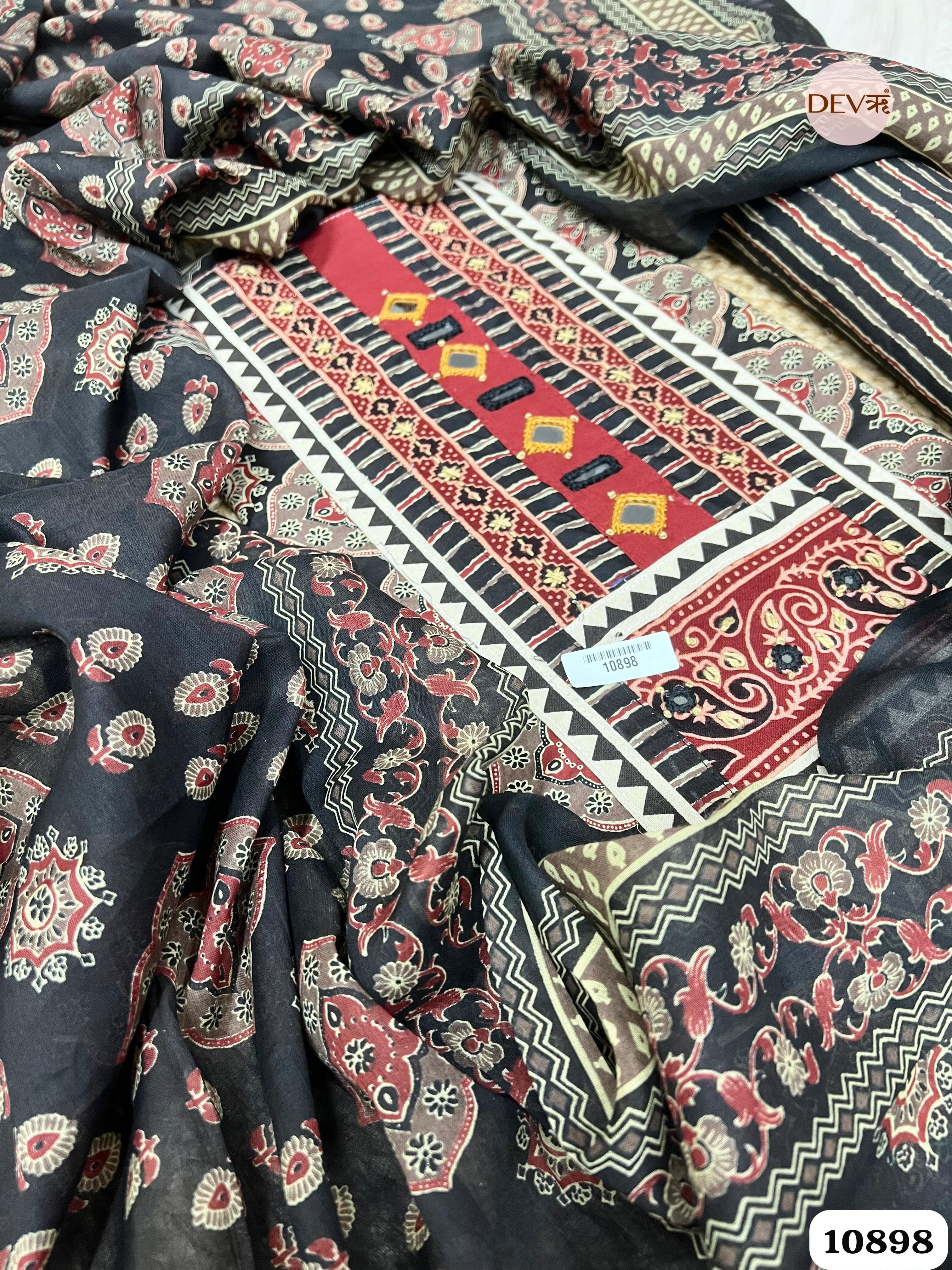Black Cotton Unstitched Printed Hand Embroidered -Set Of 3 {10898}
