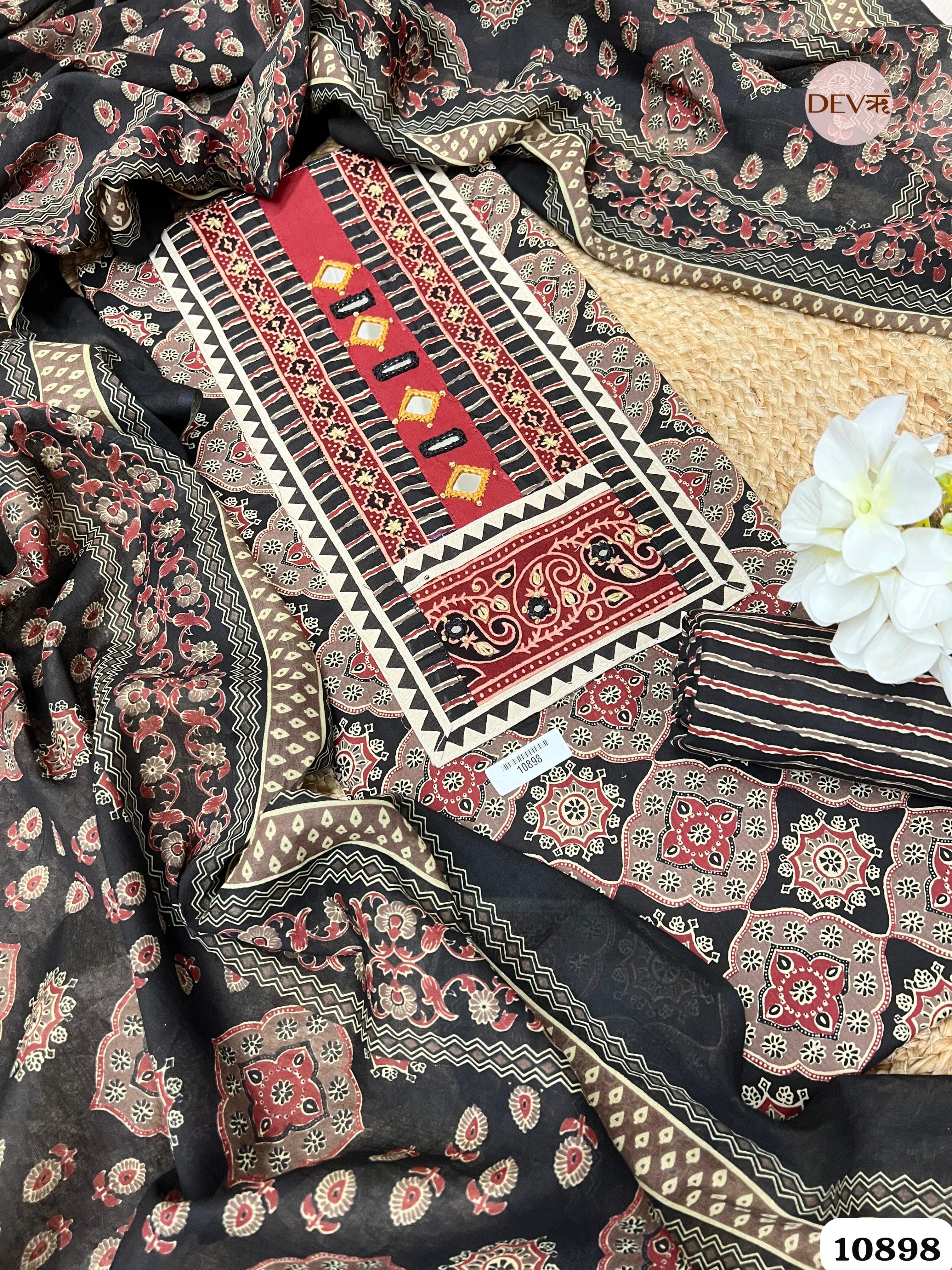 Black Cotton Unstitched Printed Hand Embroidered -Set Of 3 {10898}
