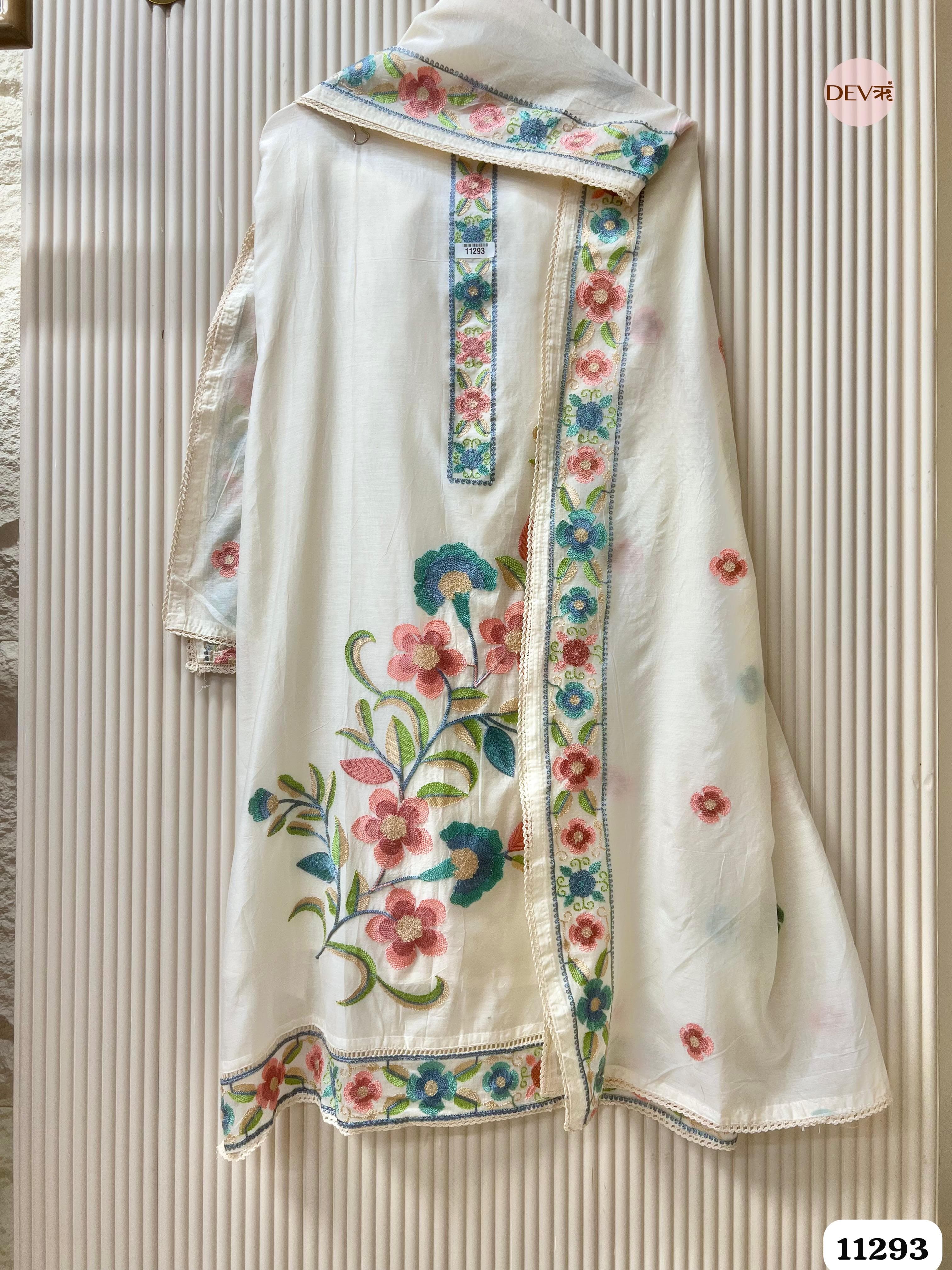 White Mul Chanderi Unstitched Embroidered -Set Of 3