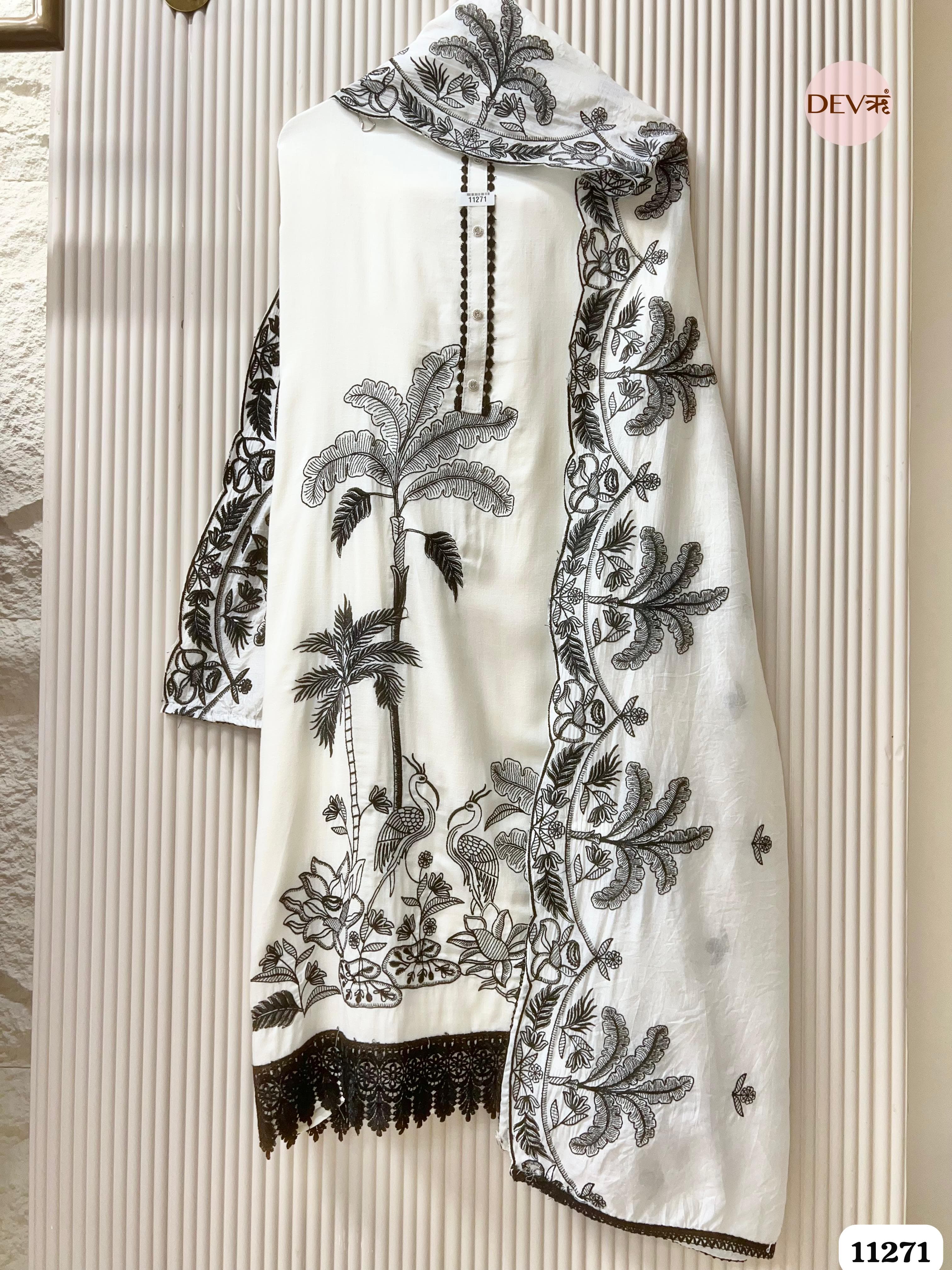 White Slub Cotton Unstitched Embroidered {11271}
