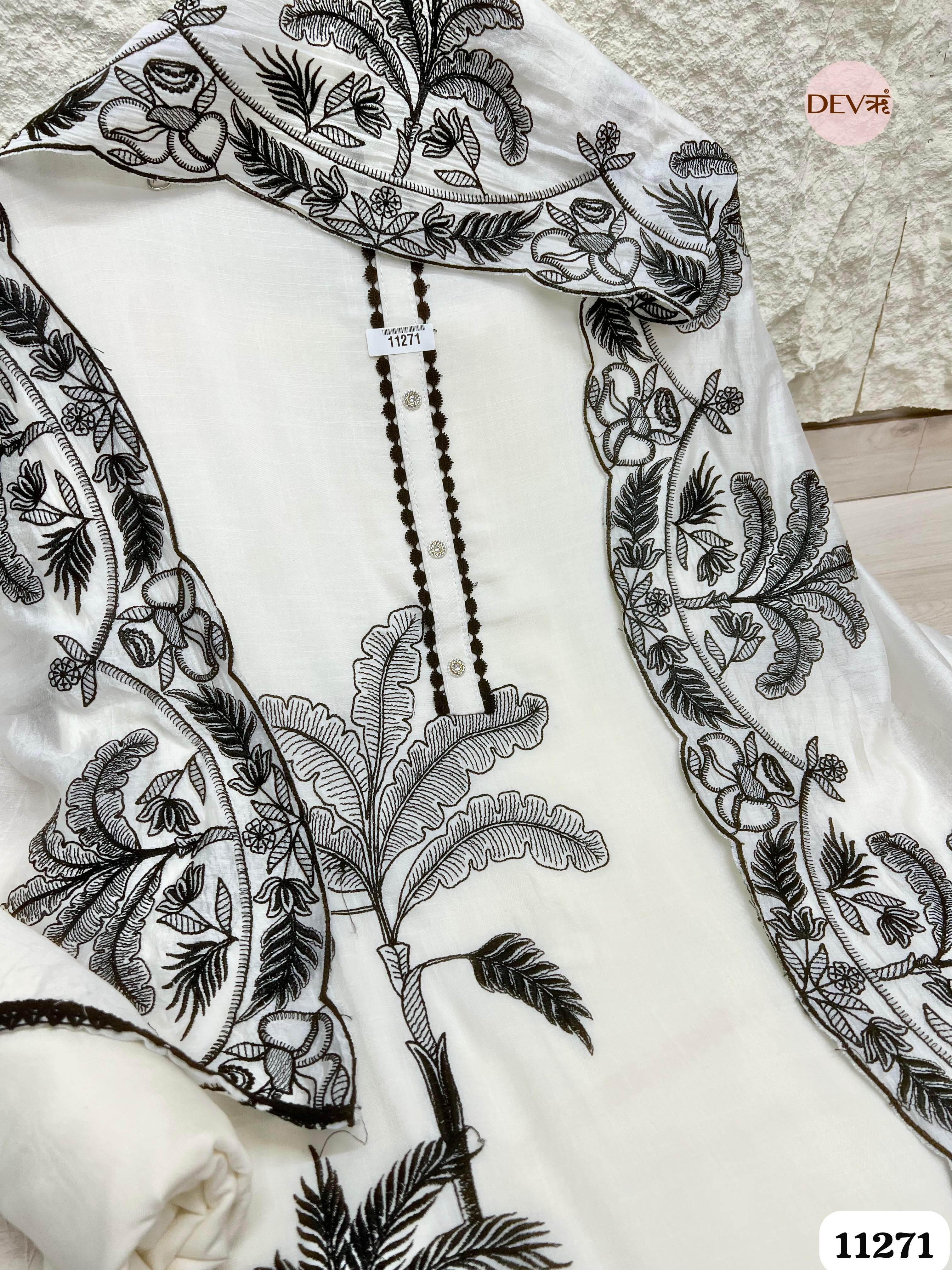 White Slub Cotton Unstitched Embroidered {11271}