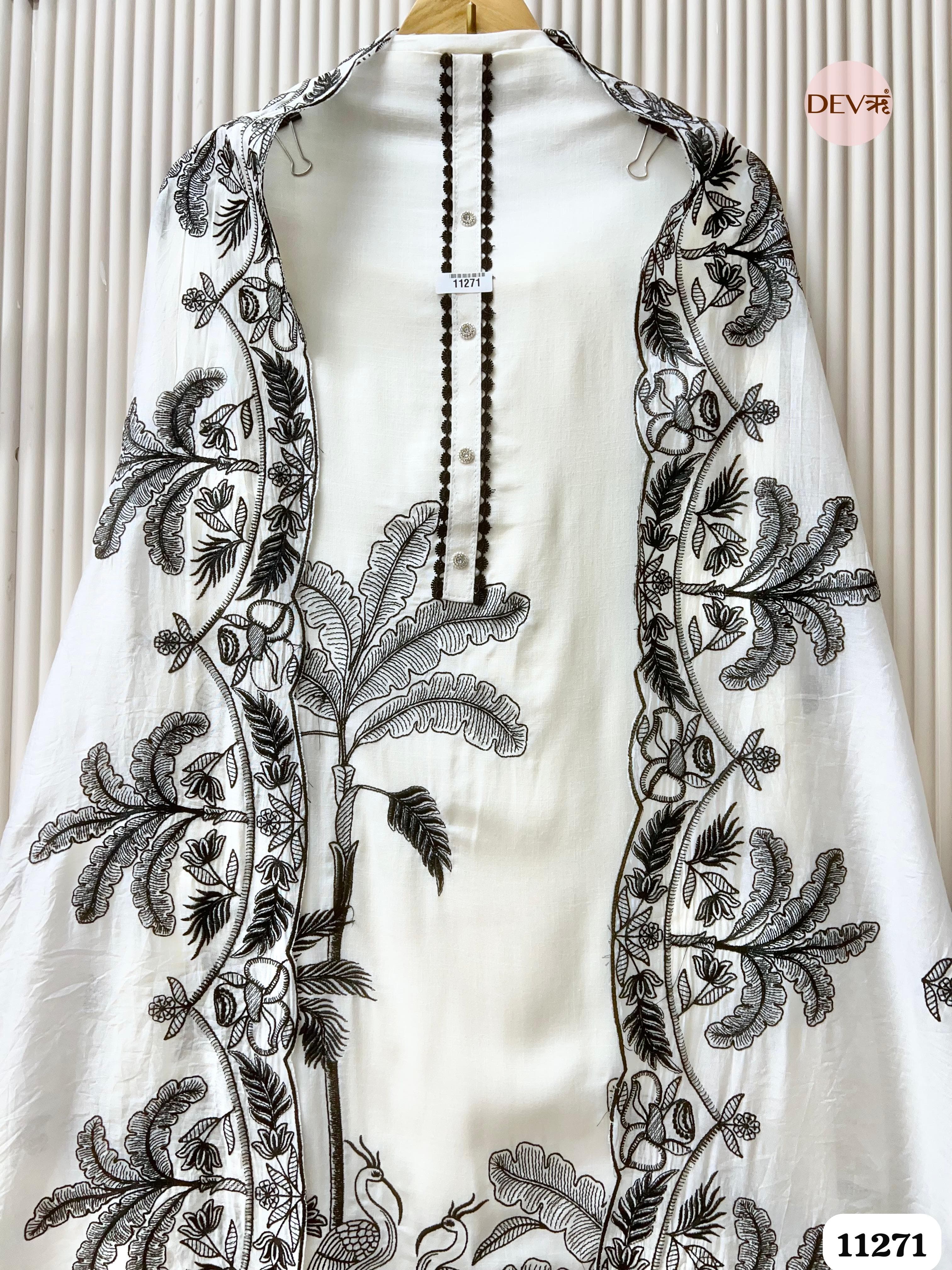 White Slub Cotton Unstitched Embroidered {11271}