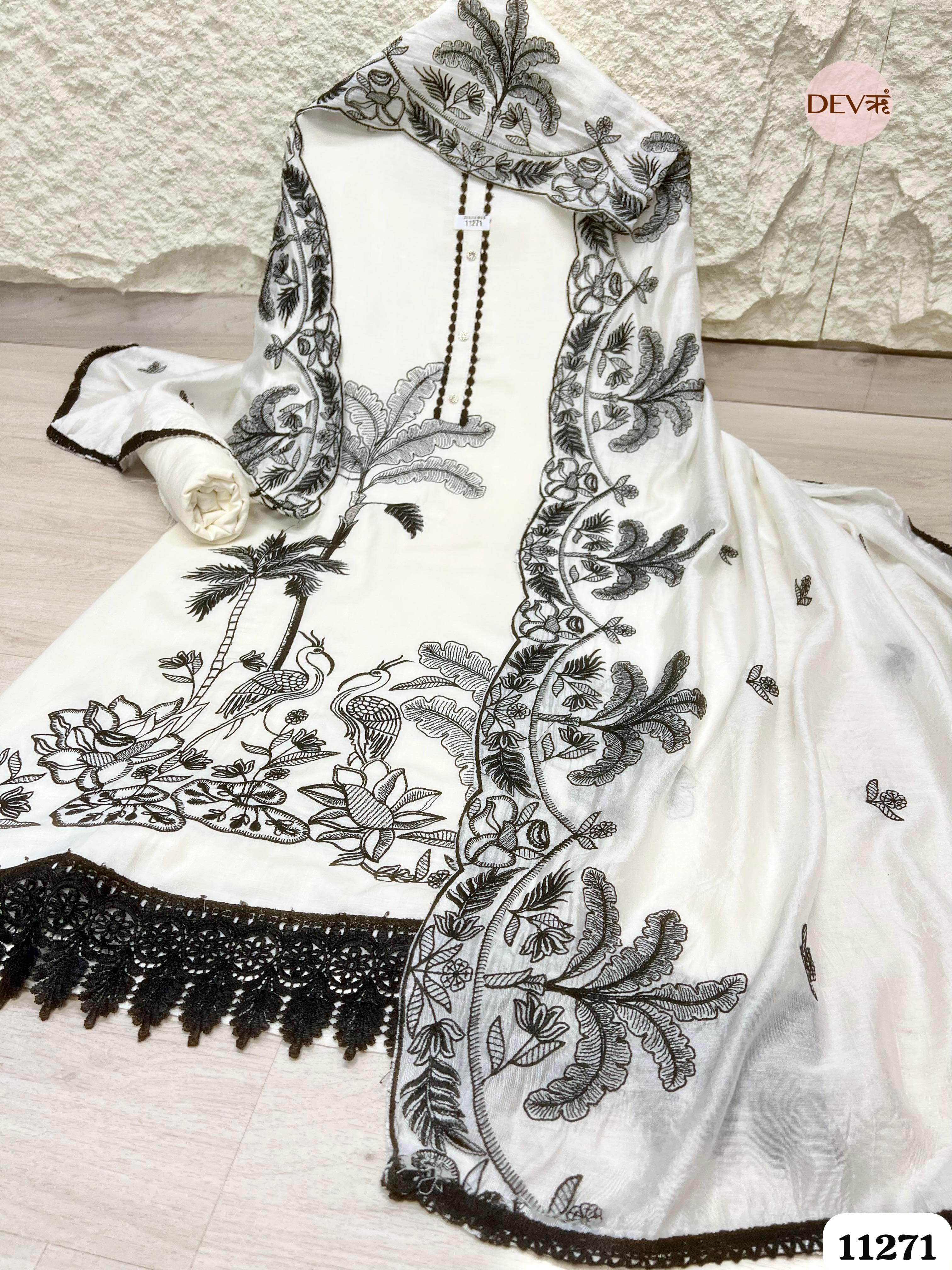 White Slub Cotton Unstitched Embroidered {11271}