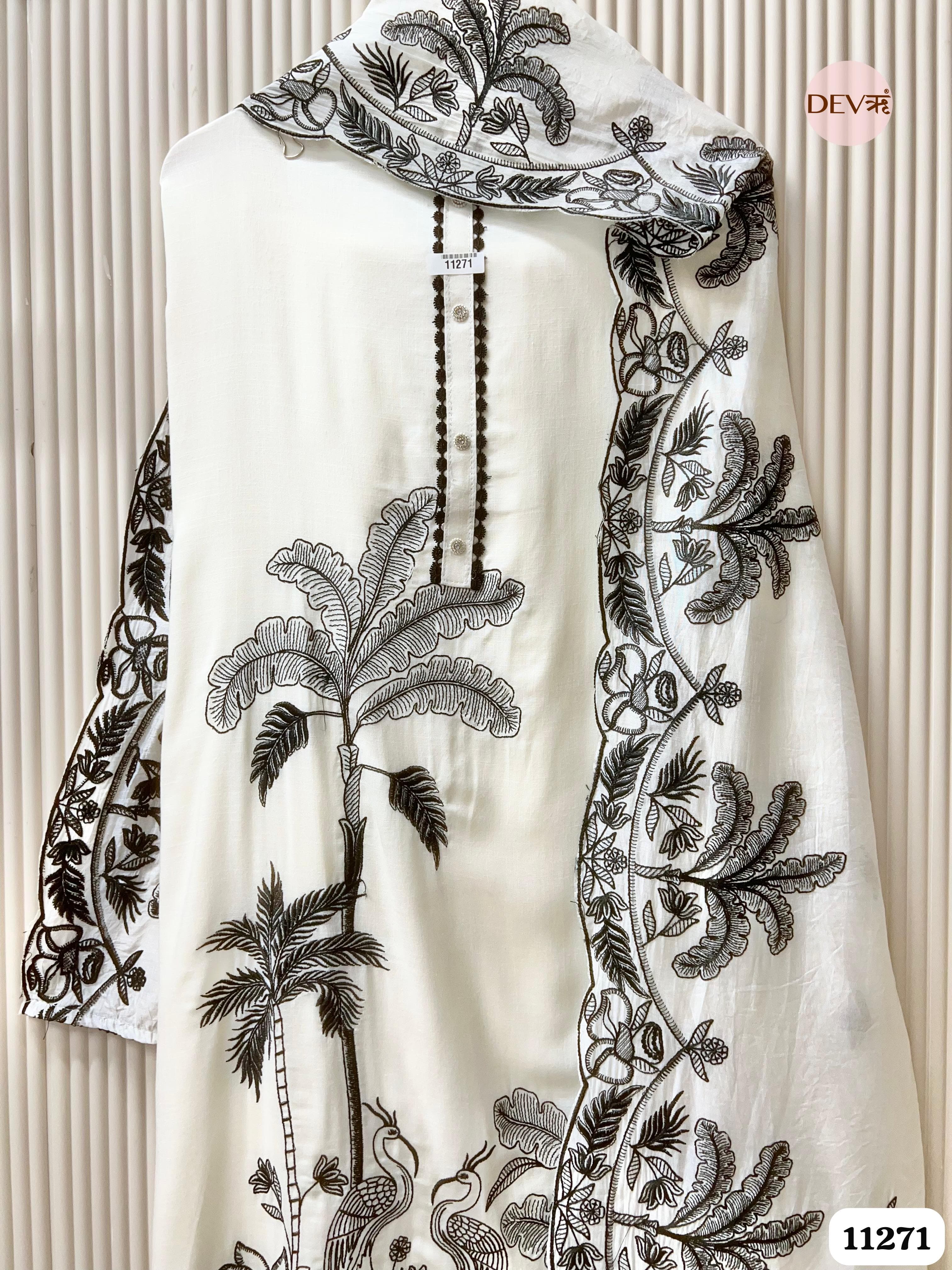 White Slub Cotton Unstitched Embroidered {11271}